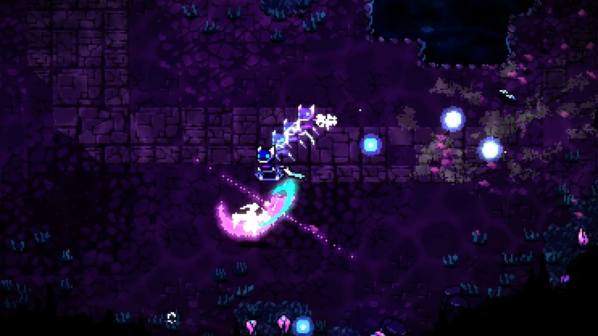NEO TITAN: Player fires an energy slash at a foe in a purple alien cave with glowing orbs.