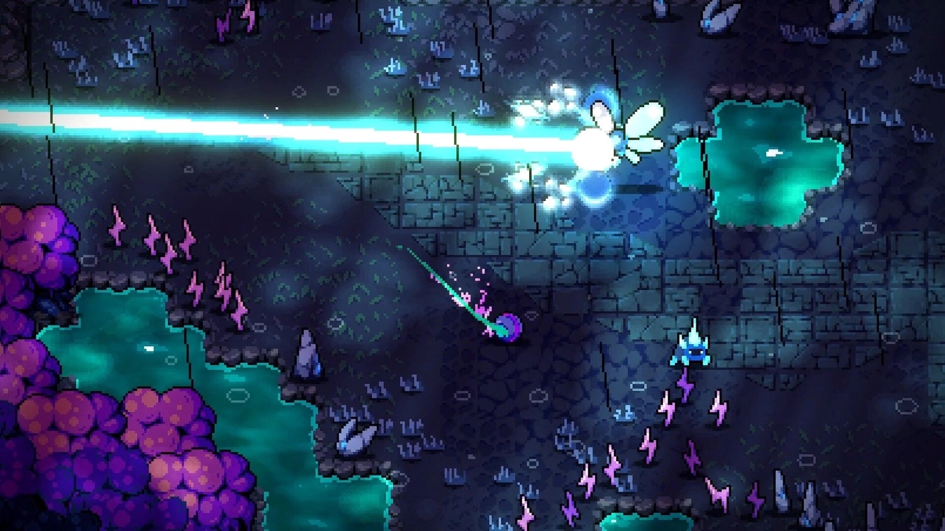 NEO TITAN: Top-down firefight with cyan laser beam in a dark alien cave with toxic pools and crystals.