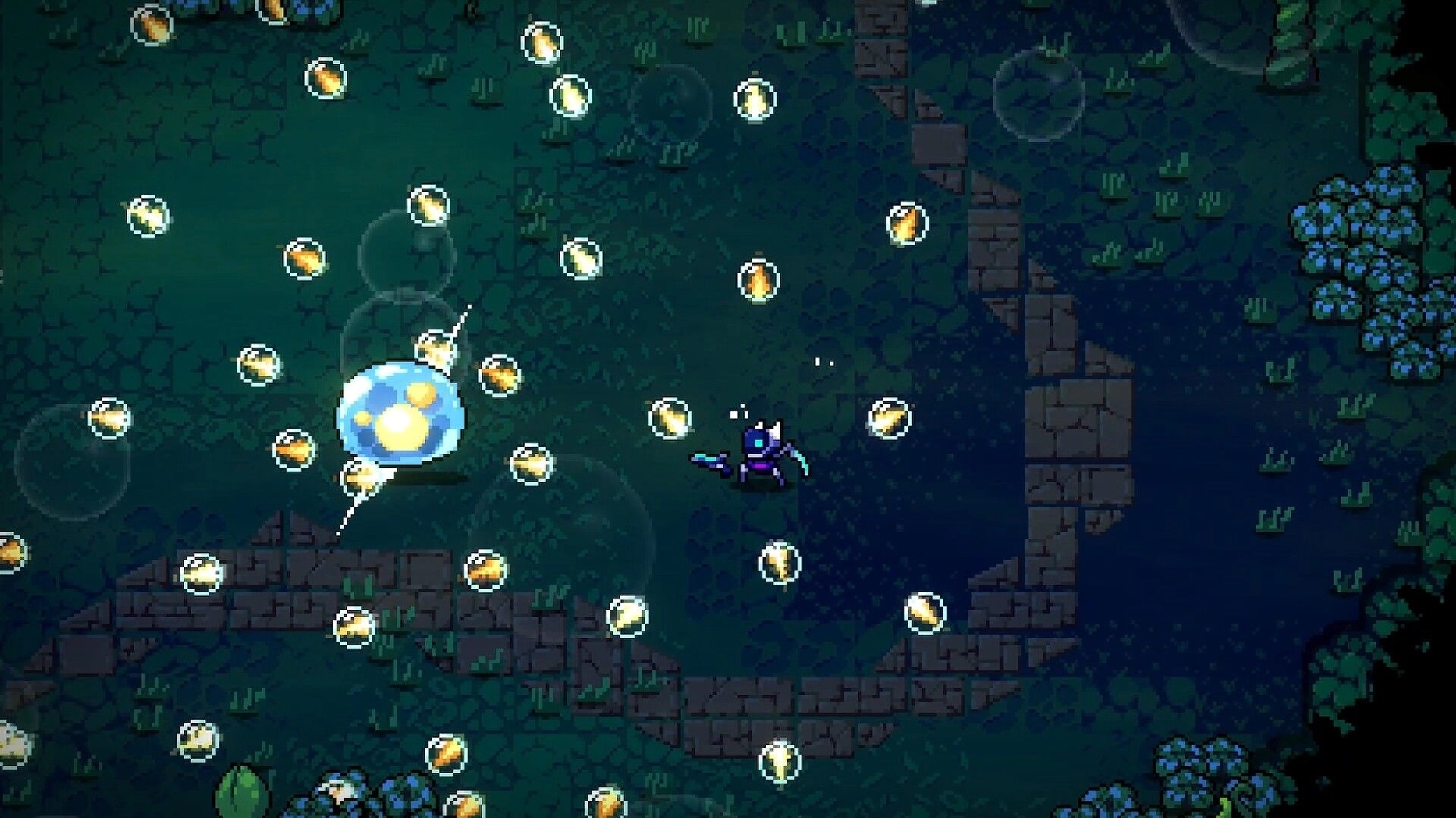NEO TITAN: Armored shooter fires at a glowing orb amid swirling projectiles in mossy ruins arena.