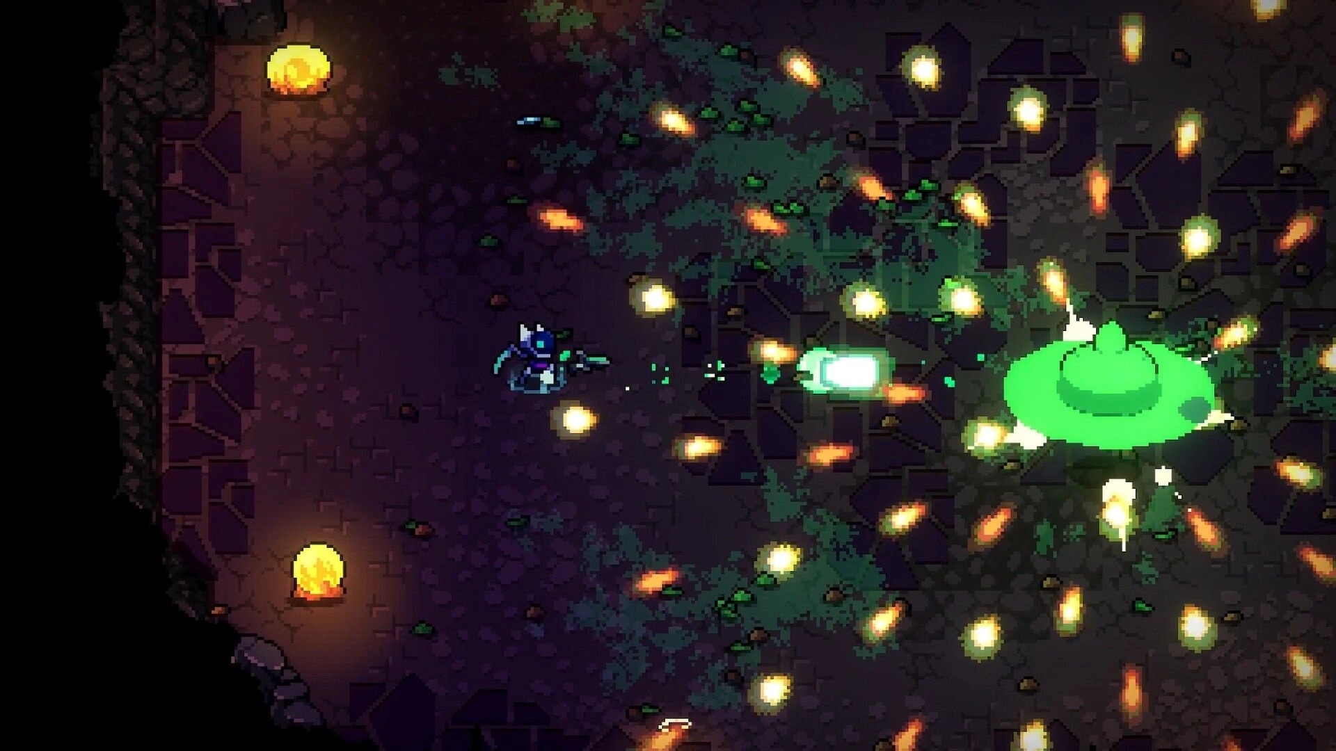 NEO TITAN: Player fires a beam at a green UFO boss amid swirling bullets in a dark stone cavern.