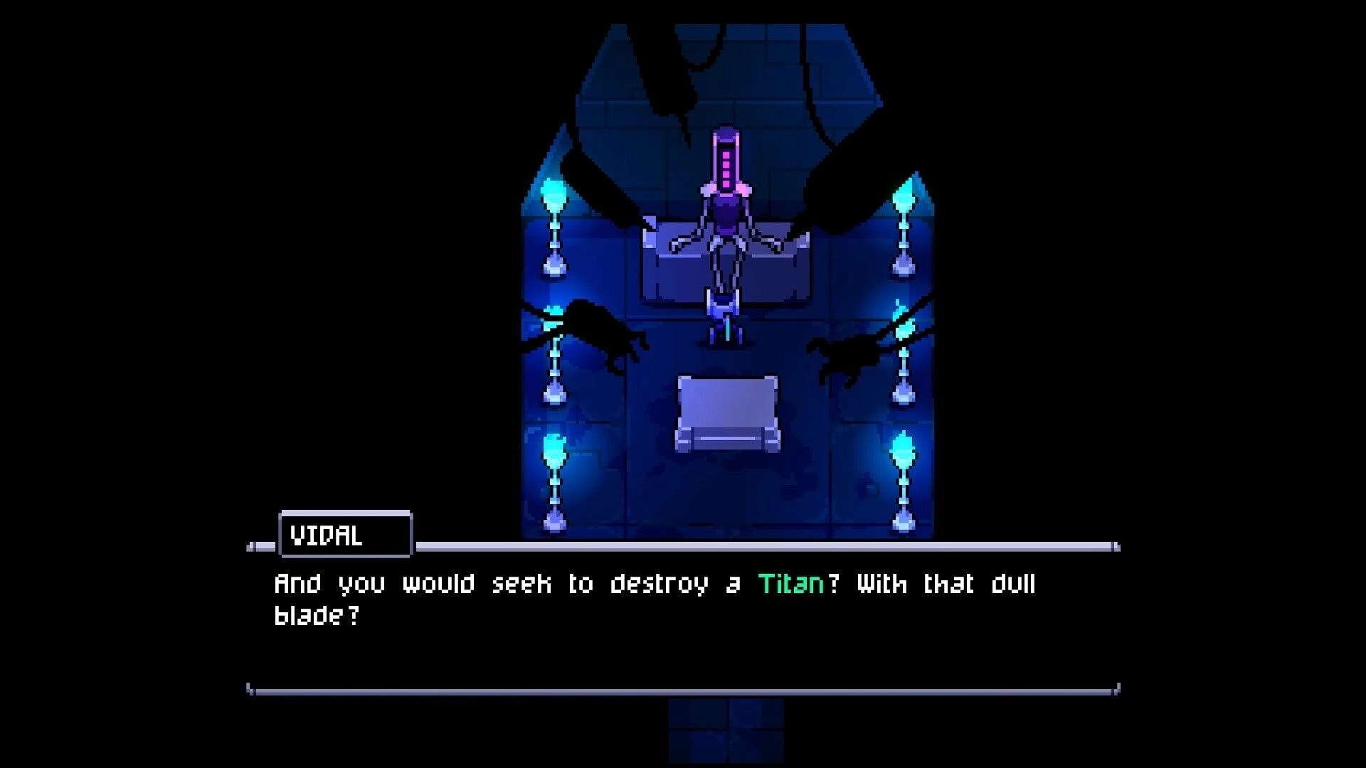 NEO TITAN: Dialogue with Vidal before a tall robed figure in a blue-lit temple chamber with torches.