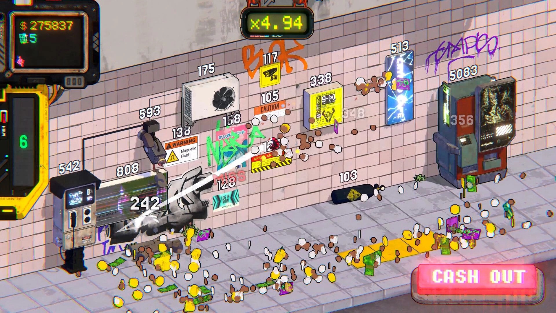 NEO VANDAL: Smashing wall machines for coins and cash, multiplier HUD and CASH OUT button in alley.
