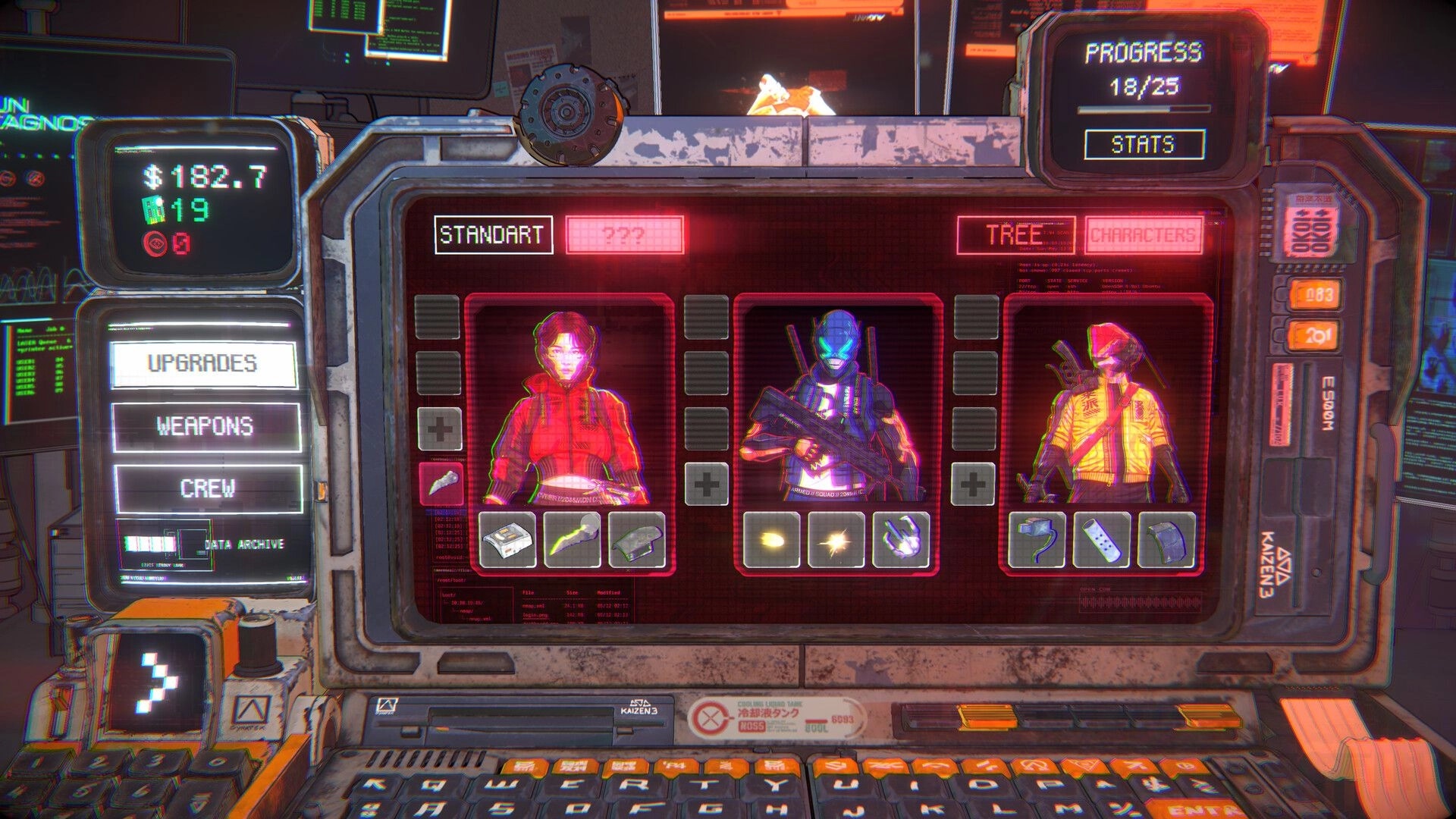 NEO VANDAL: Crew management screen with three character cards, gear slots, and upgrades menu on terminal.