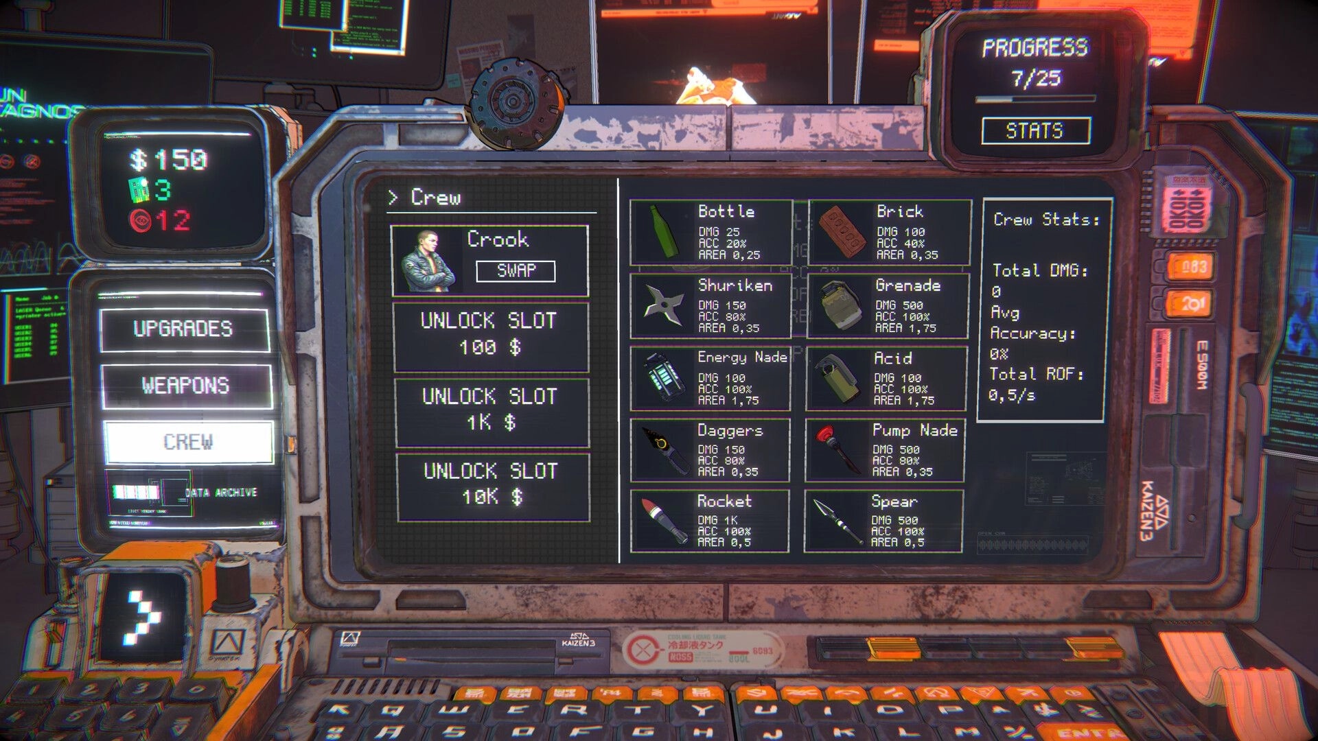 NEO VANDAL: Crew management screen with Crook swap, weapon grid, and progress 7/25 on neon console.