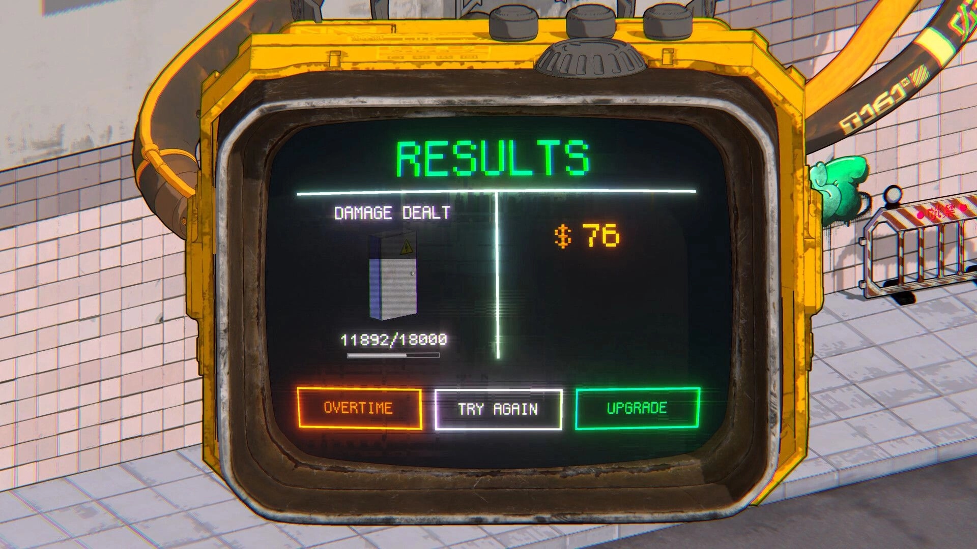 NEO VANDAL: Results screen showing damage dealt and $76 payout, with Overtime, Try Again, Upgrade buttons.