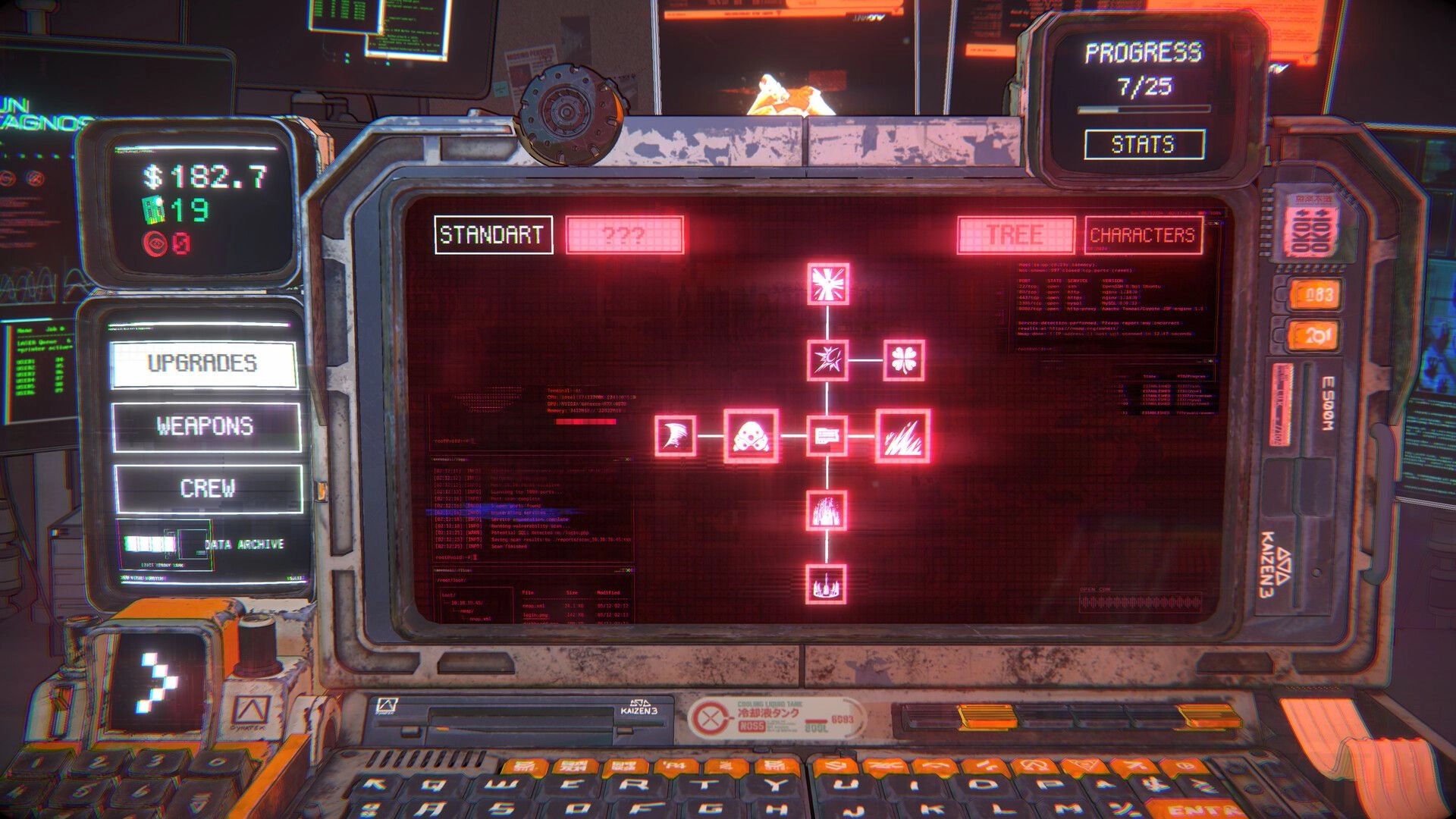 NEO VANDAL: Skill tree menu on retro terminal UI with upgrades, weapons, crew buttons in neon lab.