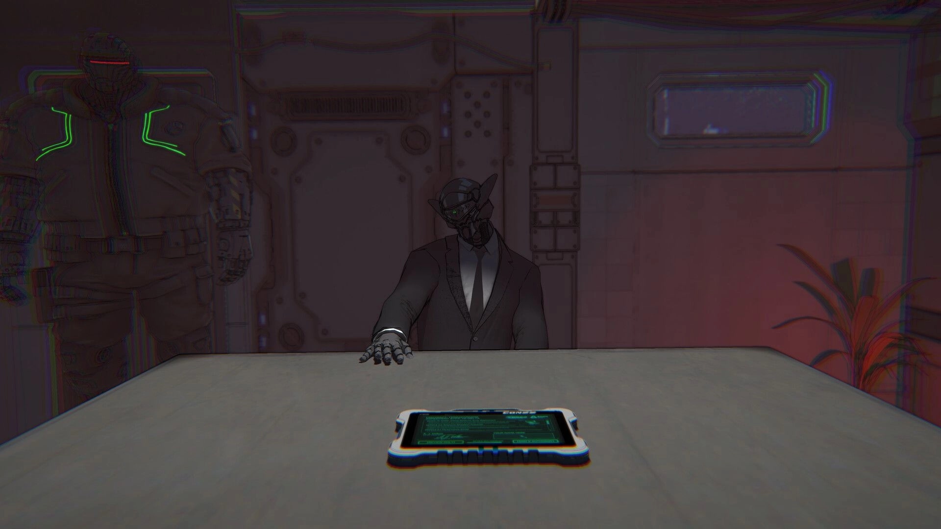 NEO VANDAL: Masked suit-wearing figure at a table with tablet, armored guard in neon-lit room.