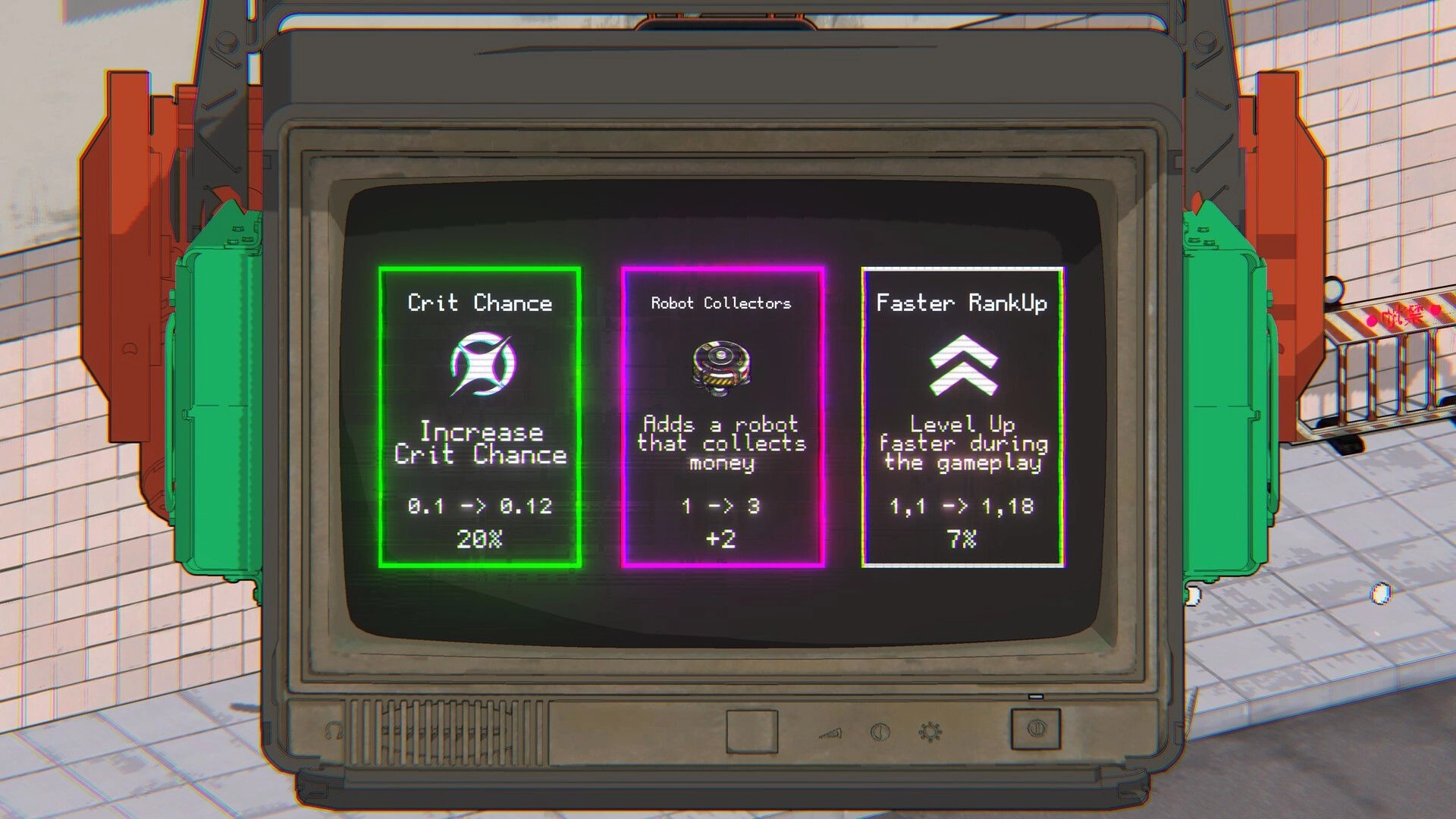 NEO VANDAL: Upgrade selection screen with Crit Chance, Robot Collectors, Faster RankUp on CRT monitor.
