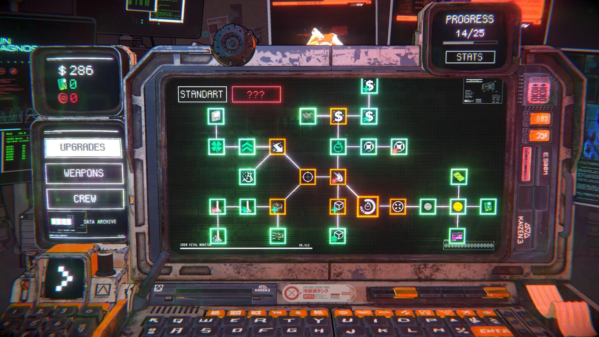 NEO VANDAL: Upgrade skill tree screen with neon nodes, stats/progress panel in cyber console UI.
