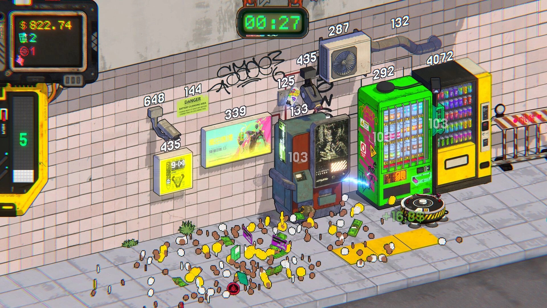 NEO VANDAL: Smashing vending machines for cash pickups in a tiled subway wall scene with timer UI.