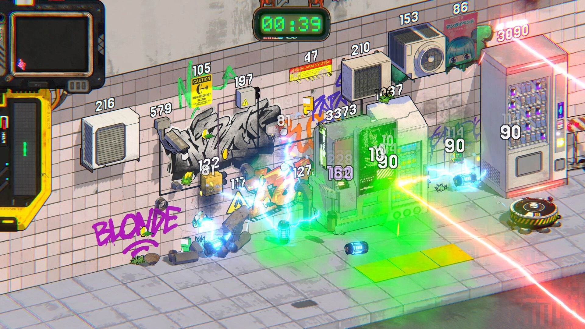 NEO VANDAL: Zapping vending machines as damage numbers pop in a tiled alley with graffiti and timer UI.