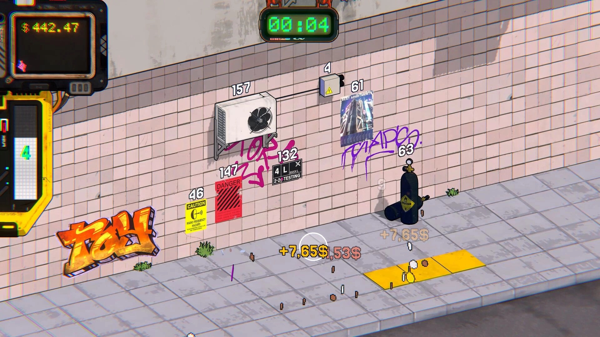 NEO VANDAL: Earning cash from wall targets with countdown timer and money UI in graffiti alleyway.