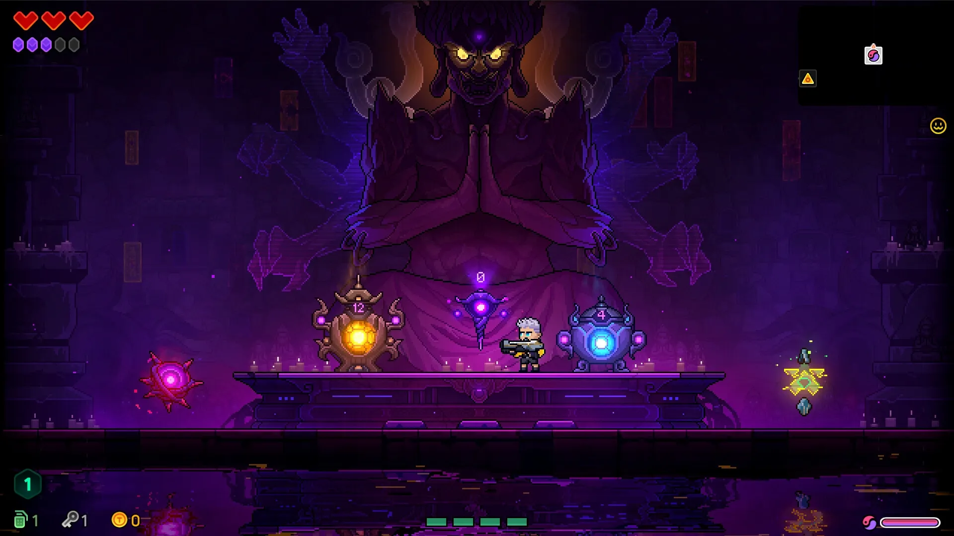 Neon Abyss 2: Player faces giant deity statue with glowing eyes in mystical underground chamber