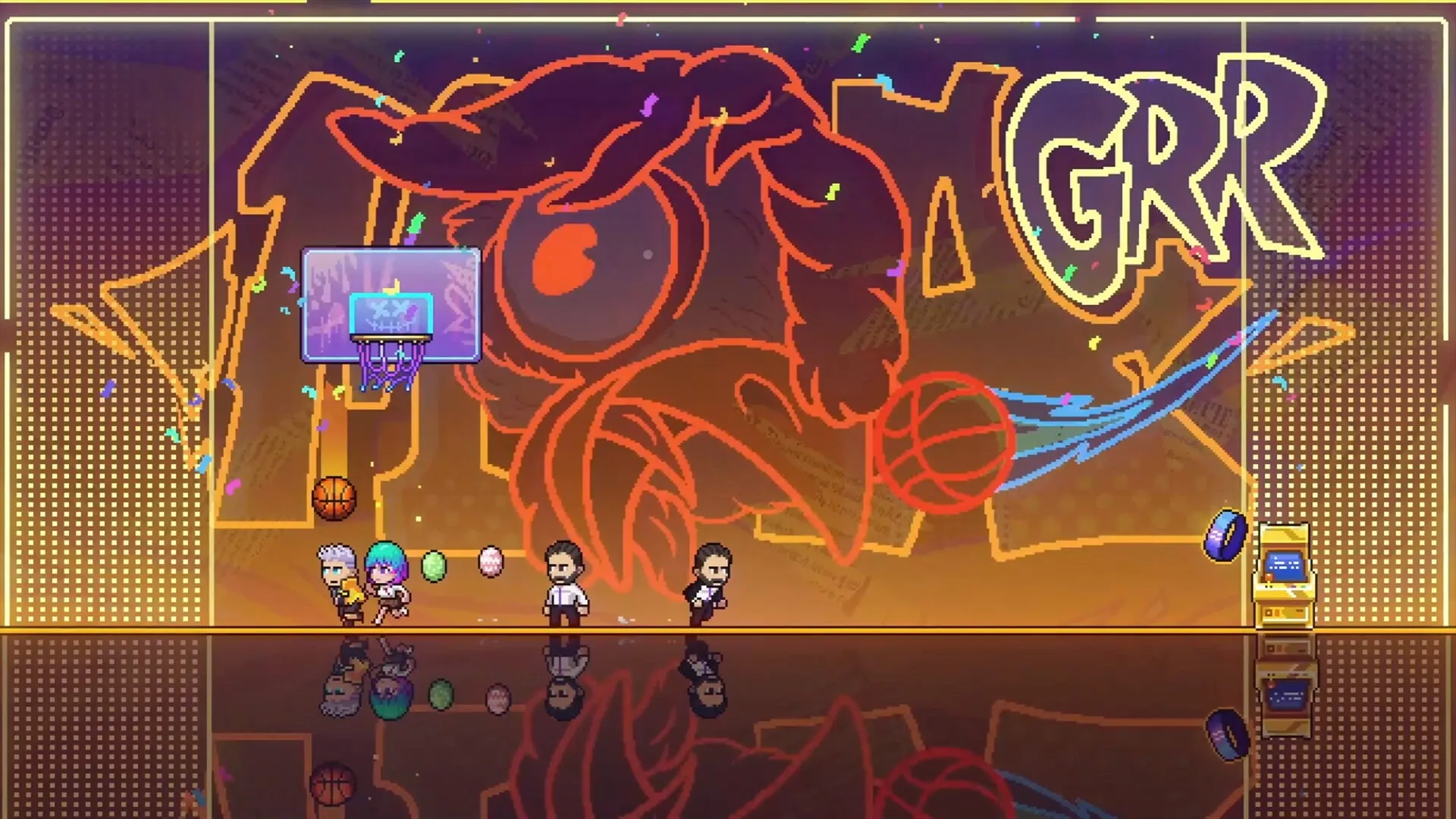 Neon Abyss 2: Characters running in front of neon graffiti with basketball court and arcade machine