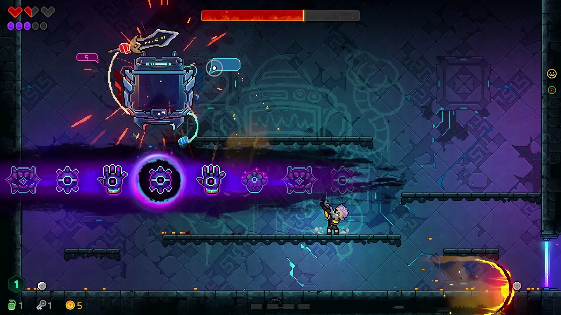 Neon Abyss 2: Player battling mechanical boss with purple skill icons and health bar in dungeon arena