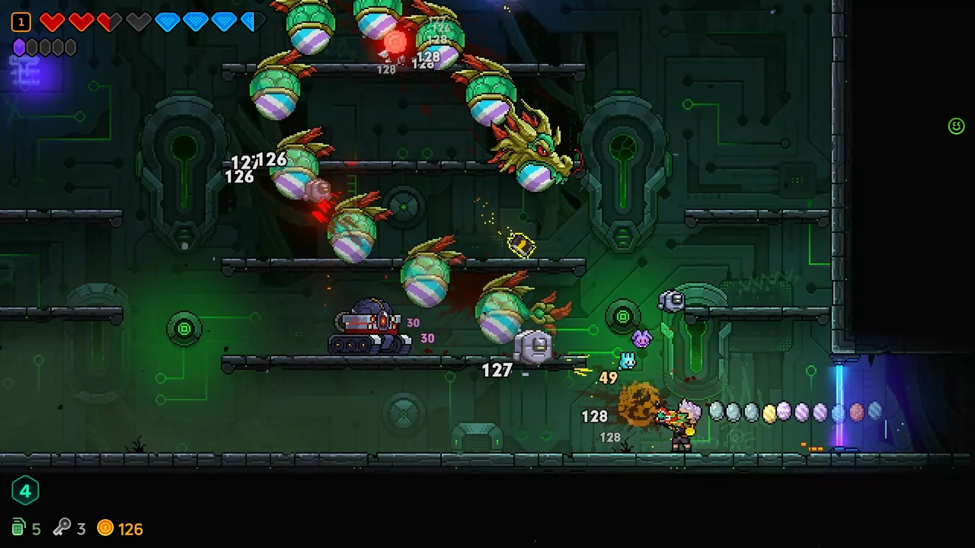Neon Abyss 2: Player character shoots at dragon-like enemies in a neon-lit industrial dungeon setting