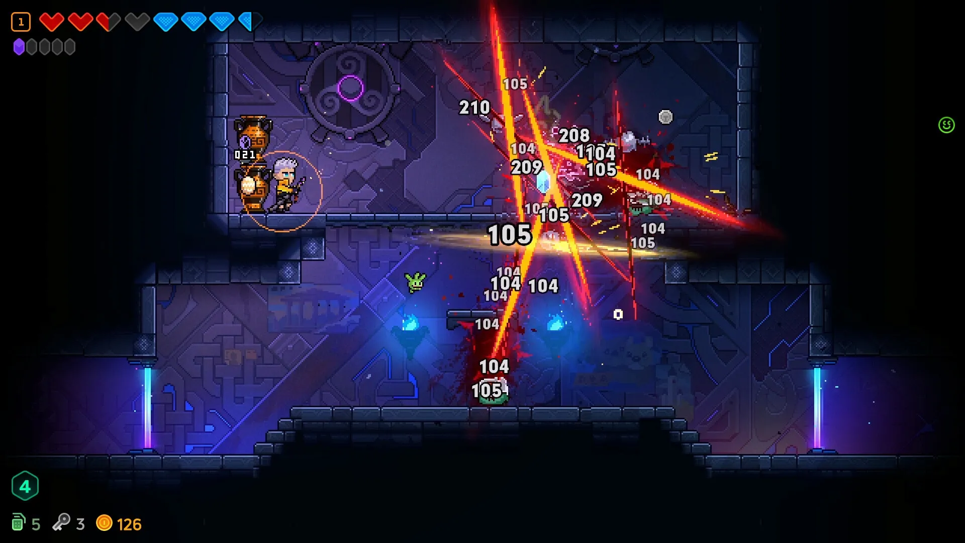 Neon Abyss 2: Intense combat with explosions and damage numbers in a dark dungeon setting