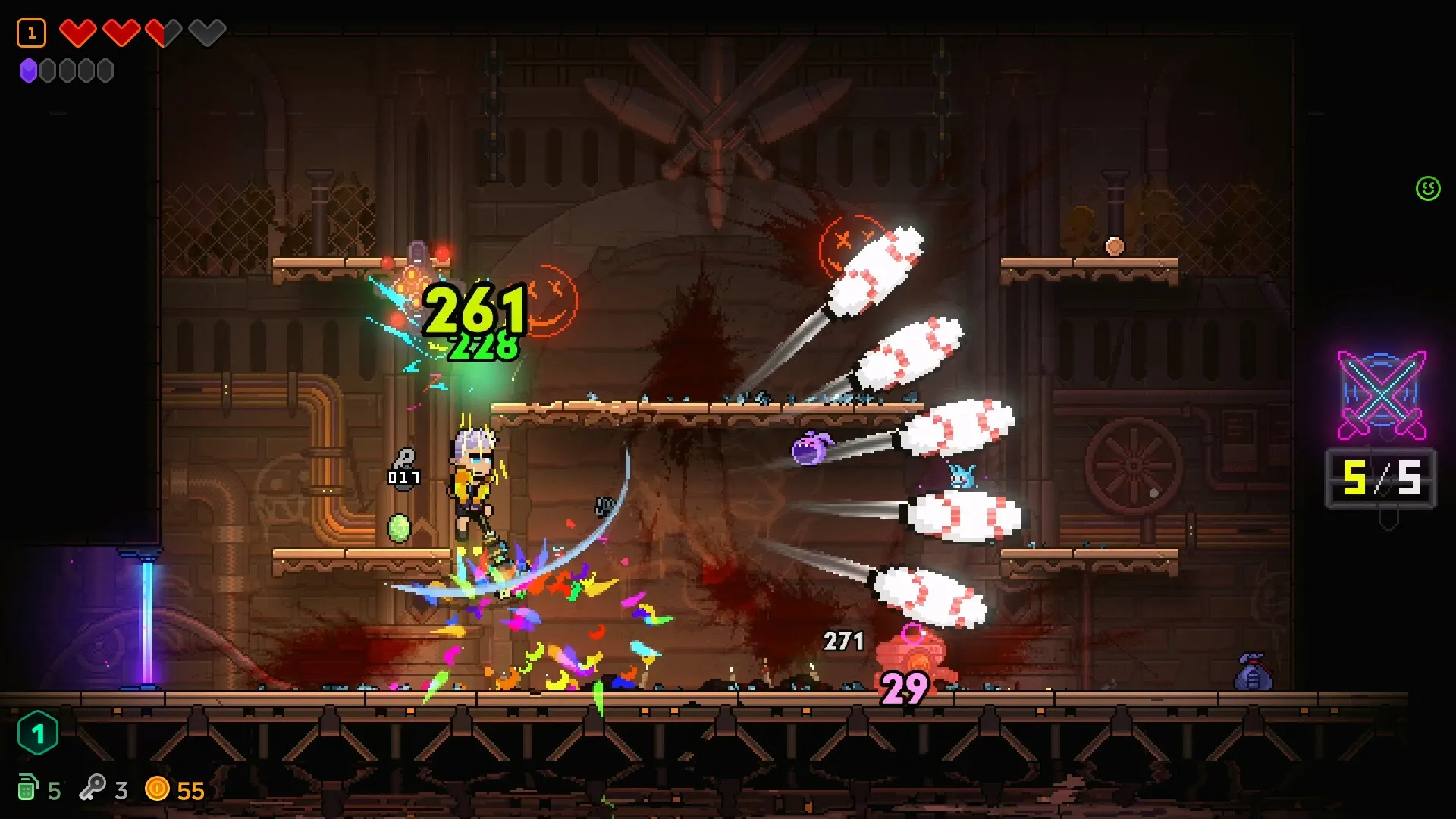 Neon Abyss 2: Player fighting enemies in industrial arena with missiles and health bar visible