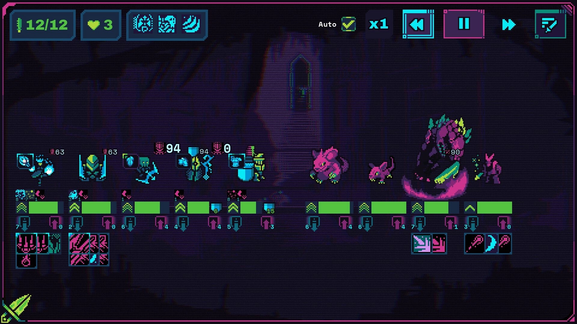 Neon Auto Party: Auto-battle scene with characters and enemies in a dungeon setting, UI elements visible.