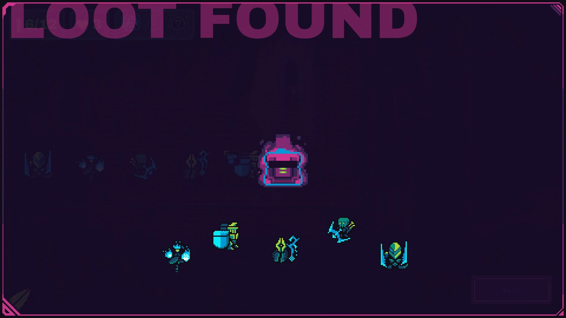 Neon Auto Party: Loot chest and character lineup in a dark, futuristic dungeon environment.