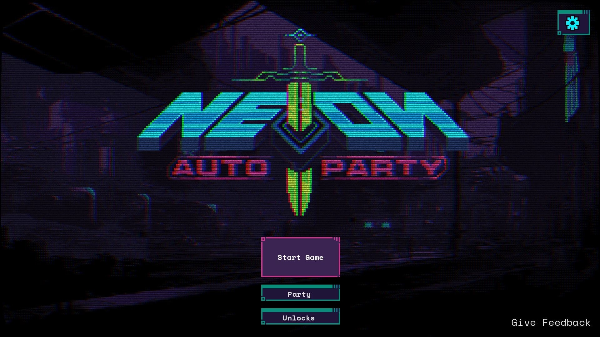 Neon Auto Party: Main menu with options for Start Game, Party, and Unlocks in a neon-lit setting