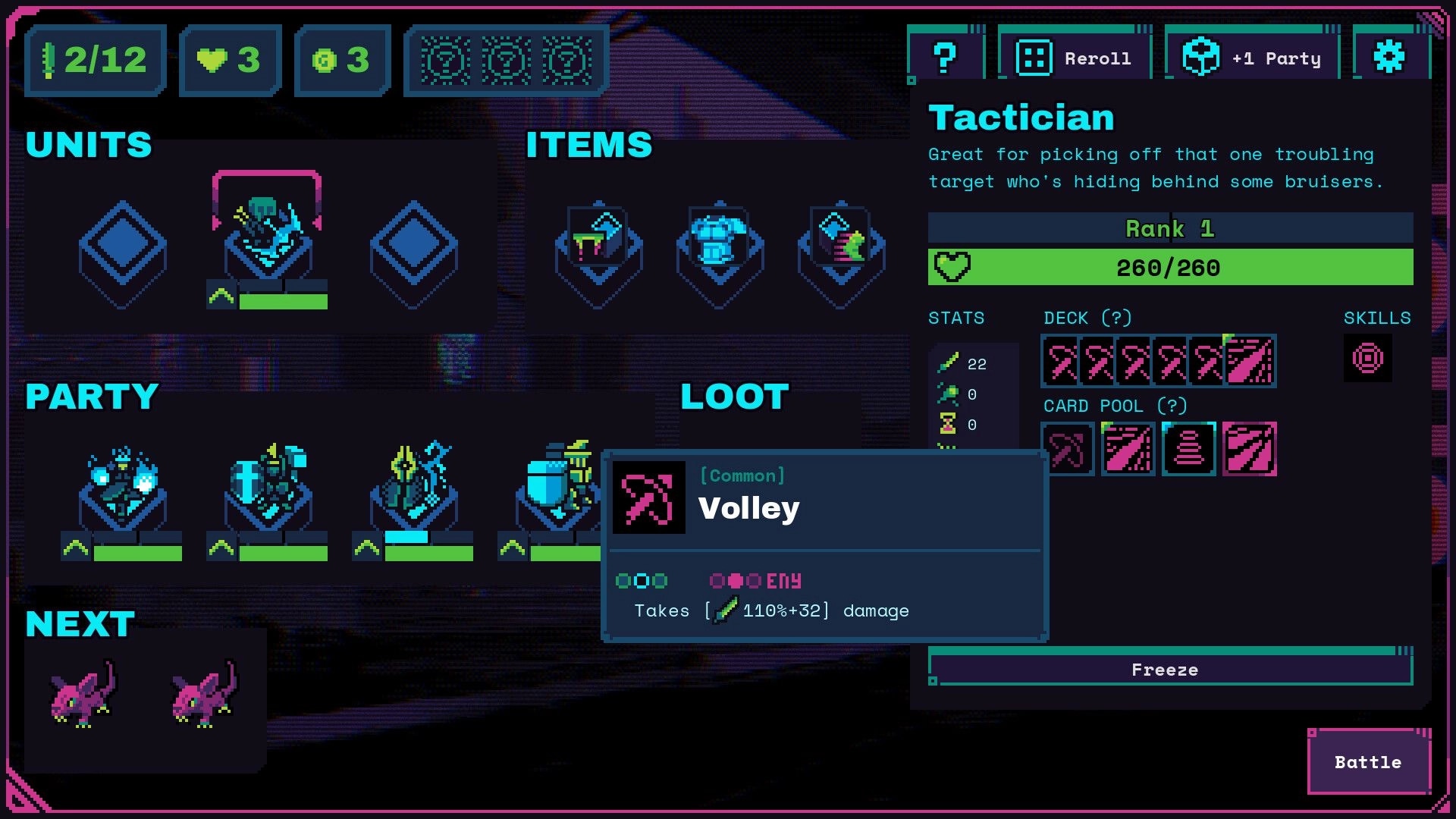 Neon Auto Party: Unit and item selection screen with character stats and inventory in futuristic UI.