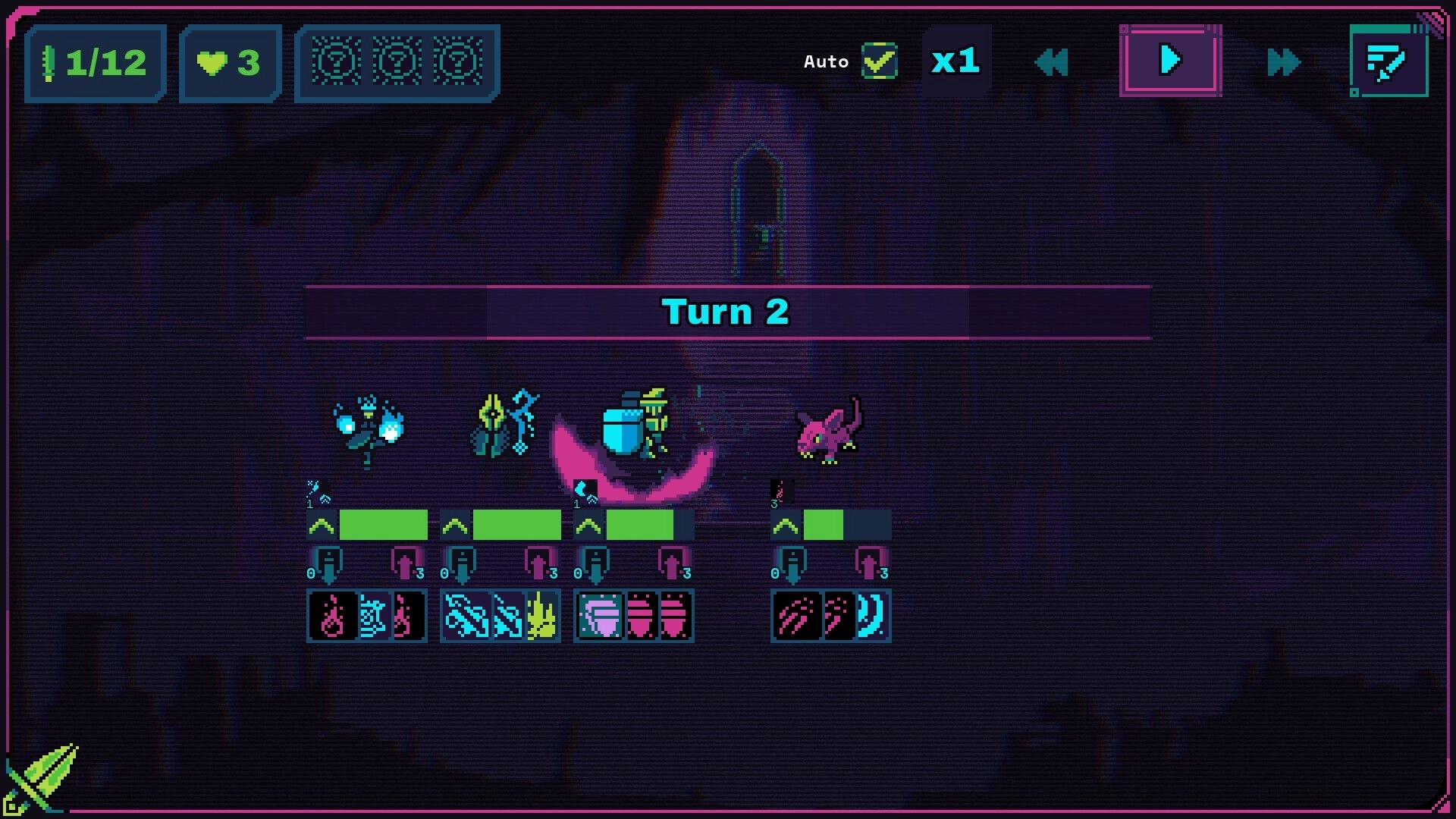 Neon Auto Party: Turn-based battle screen with character cards and health bars in a dark fantasy setting