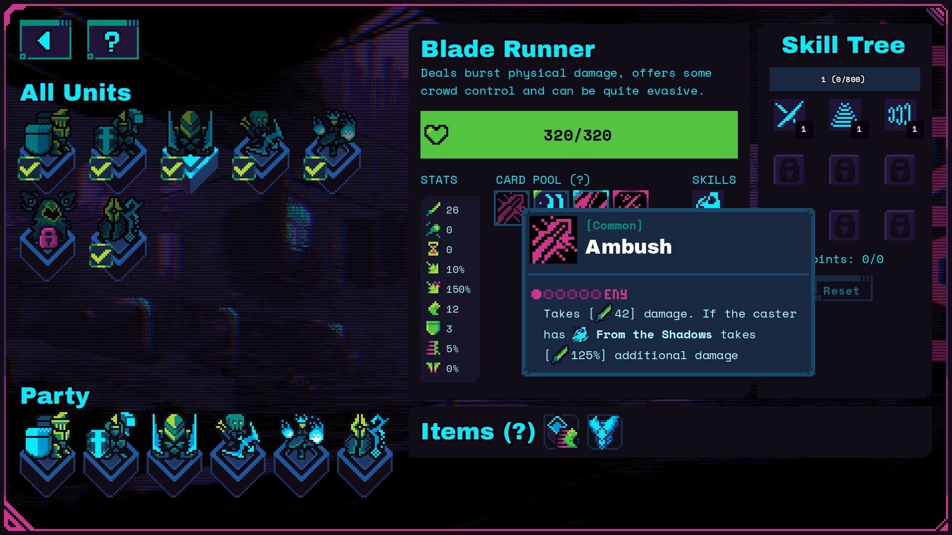 Neon Auto Party: Blade Runner stats and Ambush card in futuristic skill tree interface
