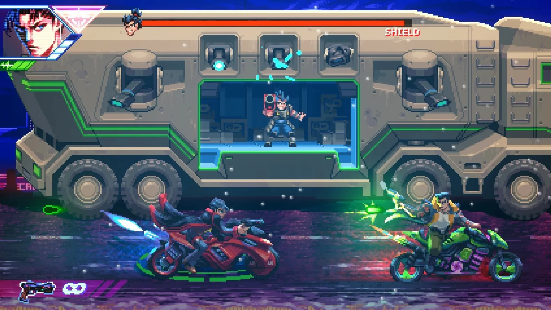 Neon Inferno: Two bikers engage in high-speed combat beside an armored truck in a cyberpunk cityscape.