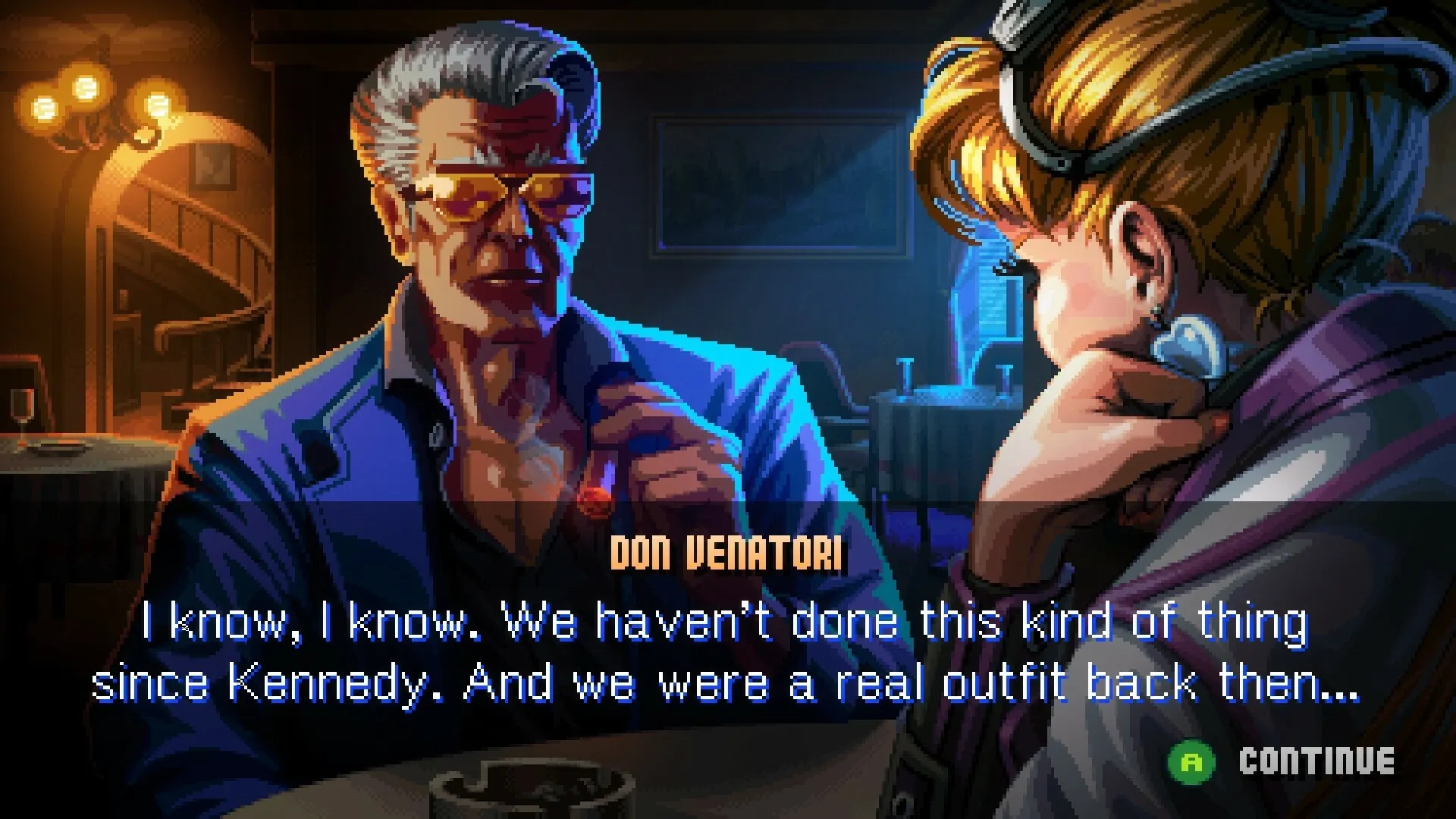Neon Inferno: Don Venatori converses in a dimly lit restaurant, discussing past missions in NYC 2055.