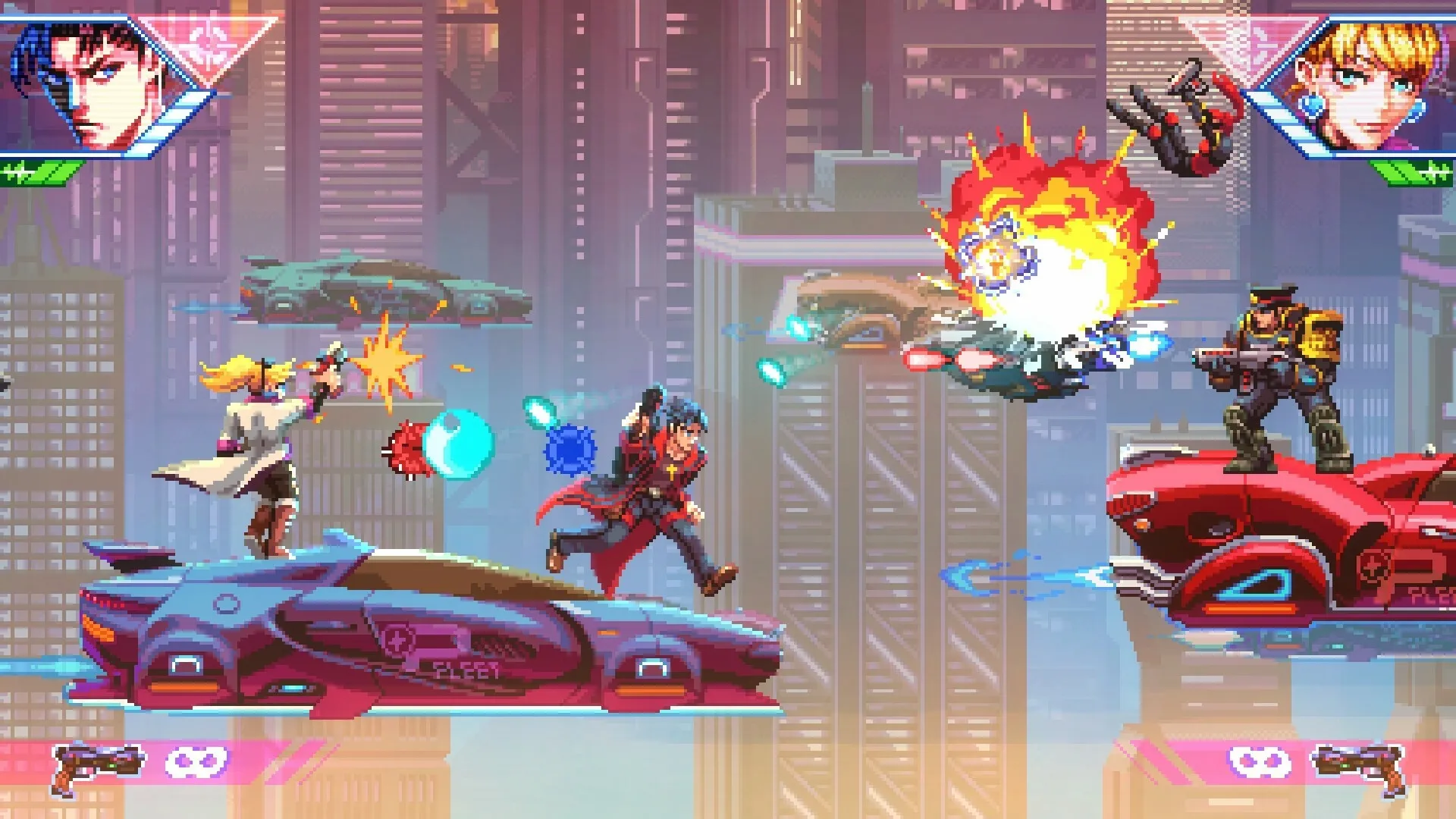 Neon Inferno: Characters engage in mid-air combat on hovering vehicles in a futuristic cityscape.
