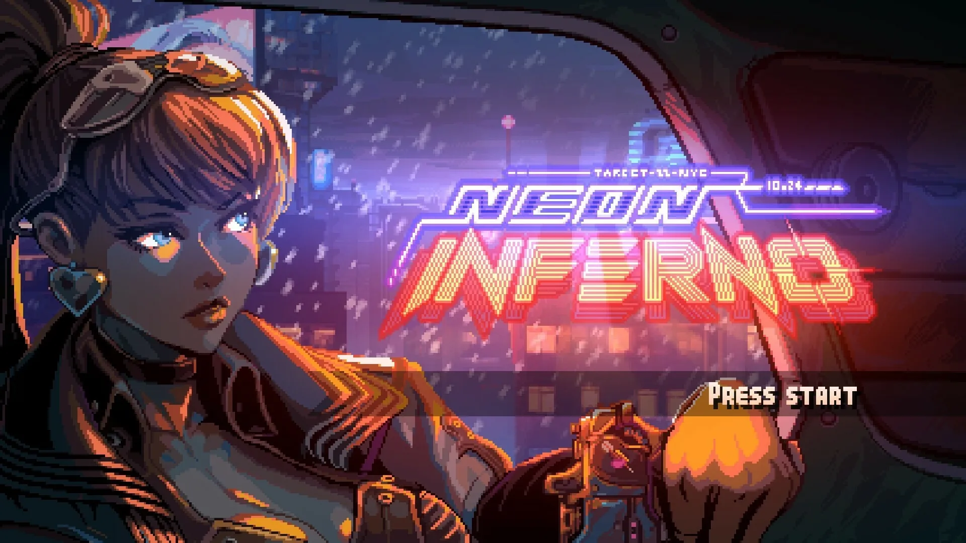 Neon Inferno: Character in car with neon-lit cityscape and "Press Start" prompt in window reflection