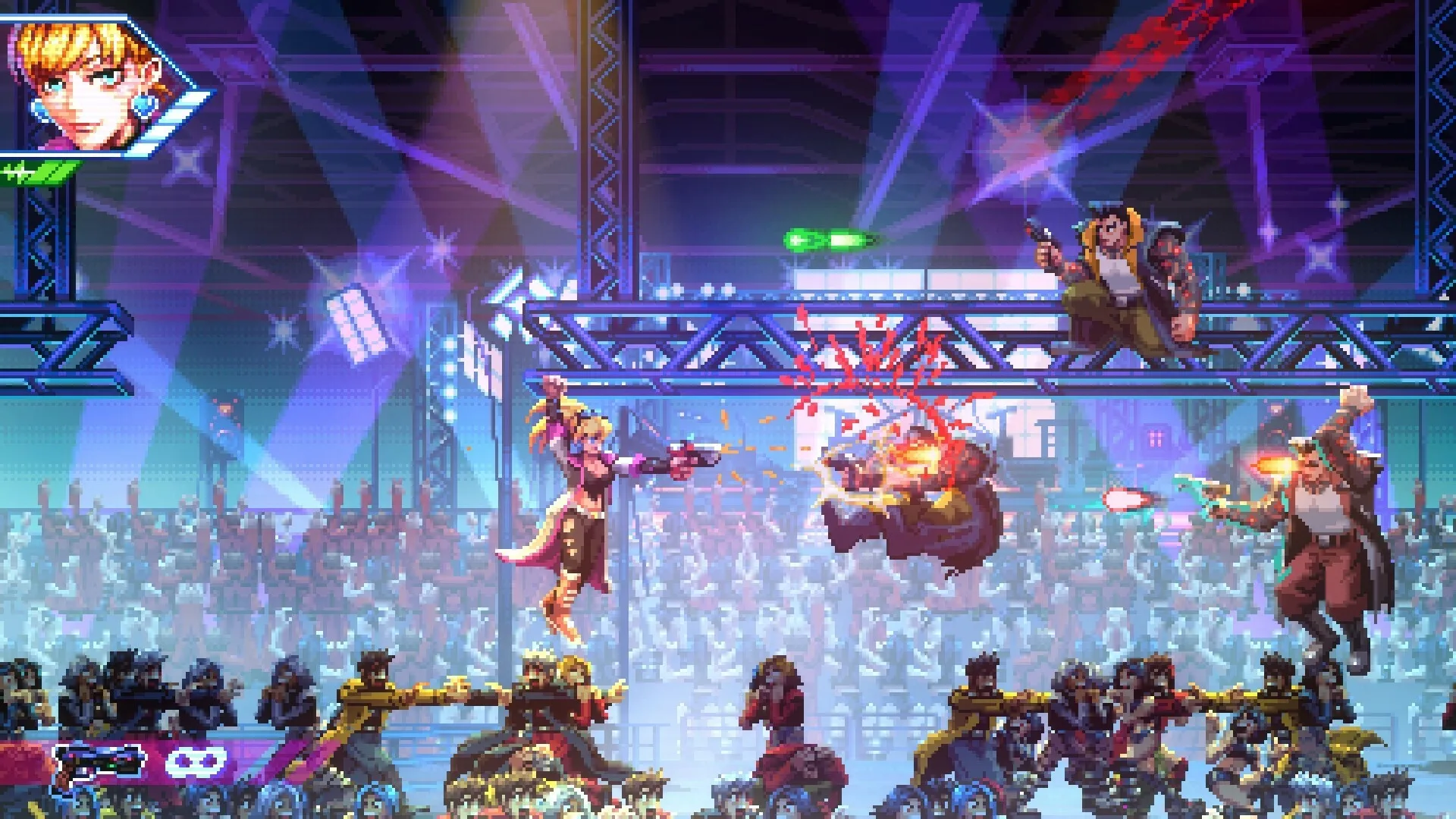 Neon Inferno: Intense gunfight with multiple characters on platforms in a crowded cyberpunk arena.