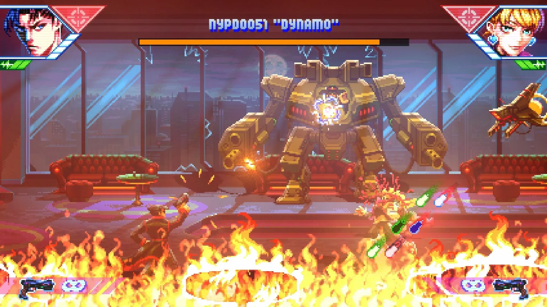 Neon Inferno: Intense battle with giant mech in futuristic New York apartment surrounded by fire