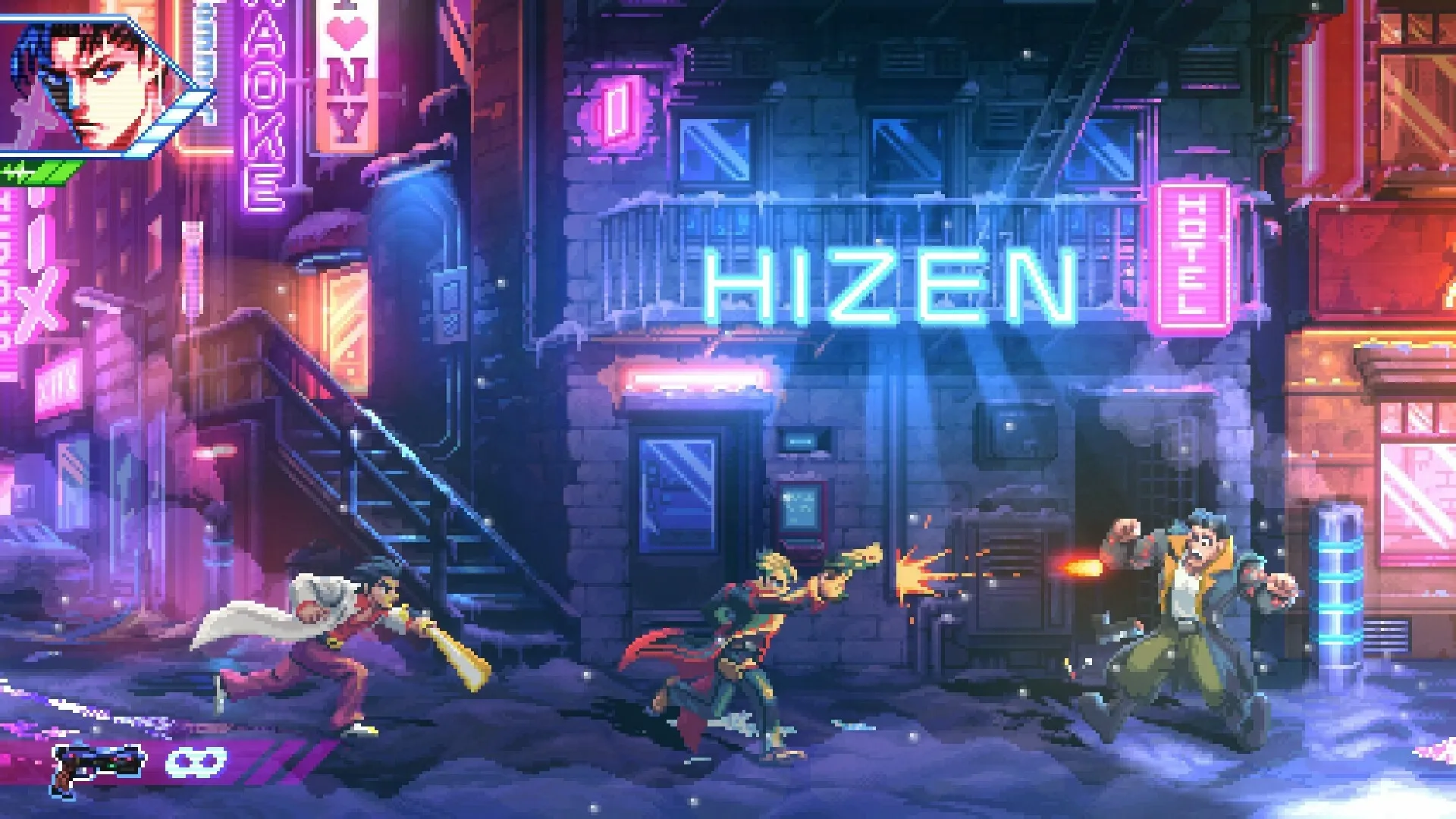 Neon Inferno: Two heroes fighting an enemy in a neon-lit alley with vibrant signs in the background.