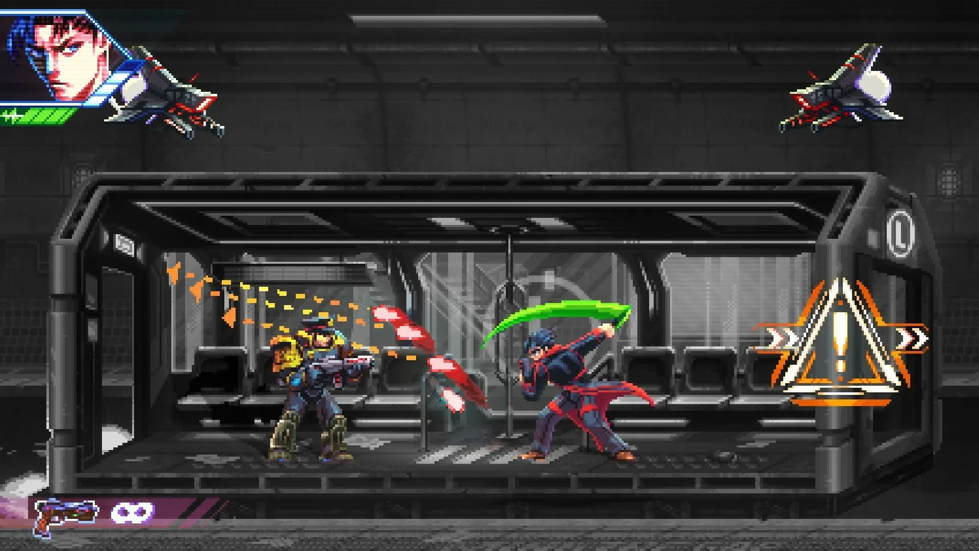 Neon Inferno: Intense gunfight in a futuristic subway with health bars and warning icons visible