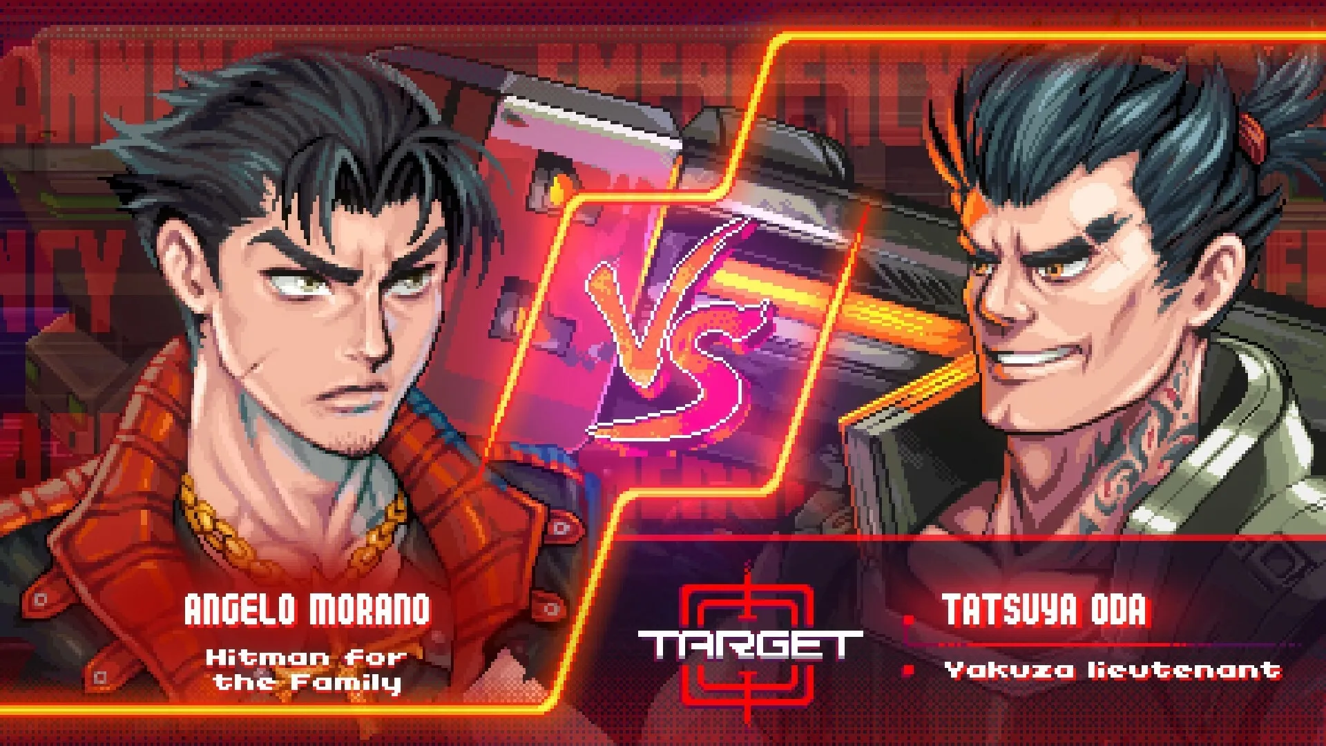 Neon Inferno: Angelo Morano vs. Tatsuya Oda face-off screen with vibrant cyberpunk graphics