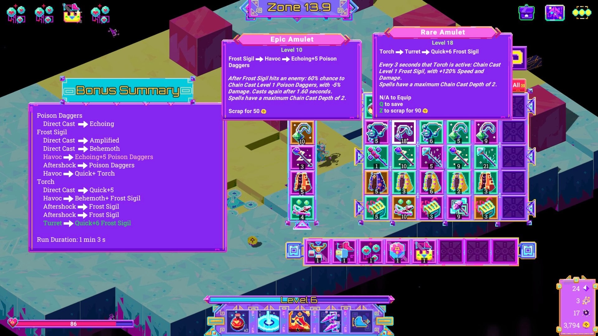 Neon Spellstorm: Inventory and bonus summary on neon path with character and item details displayed