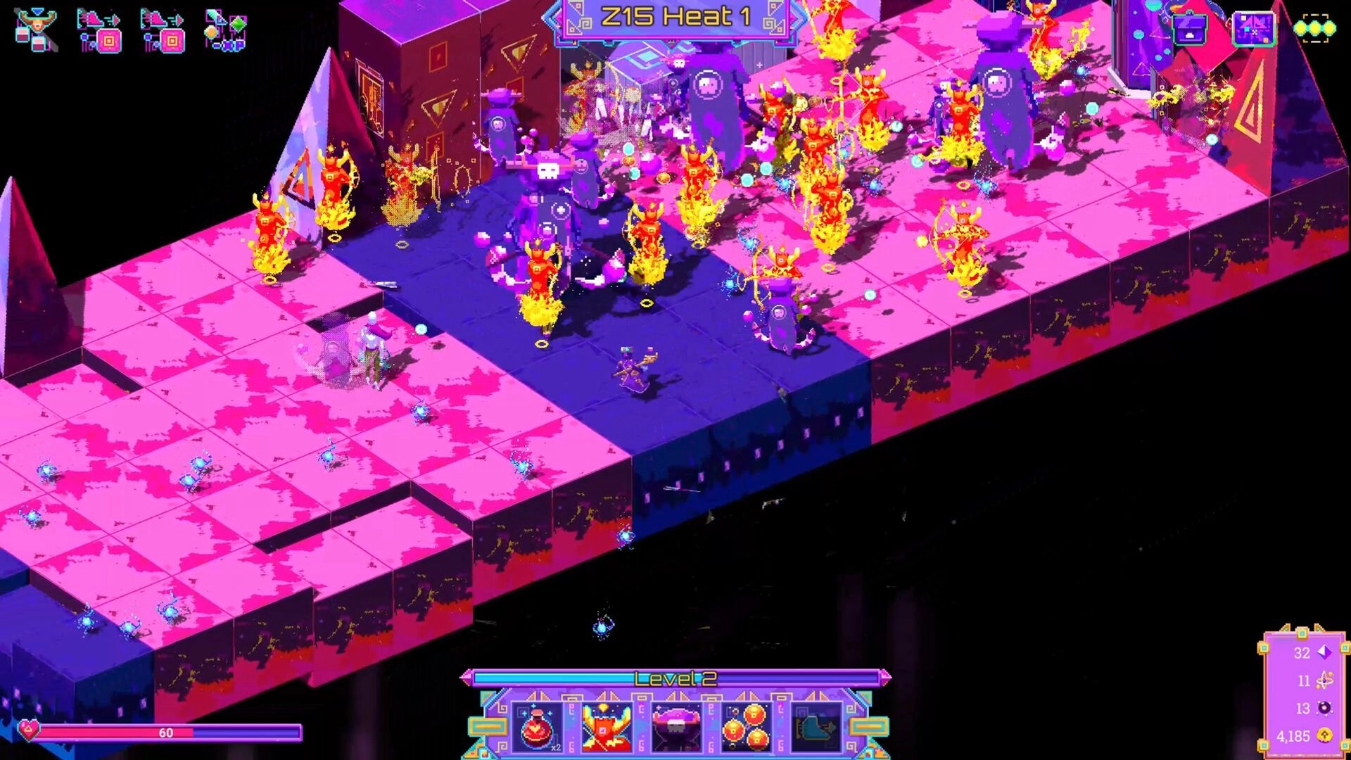Neon Spellstorm: Wizard battling fiery enemies on a vibrant, crumbling neon path with UI displayed