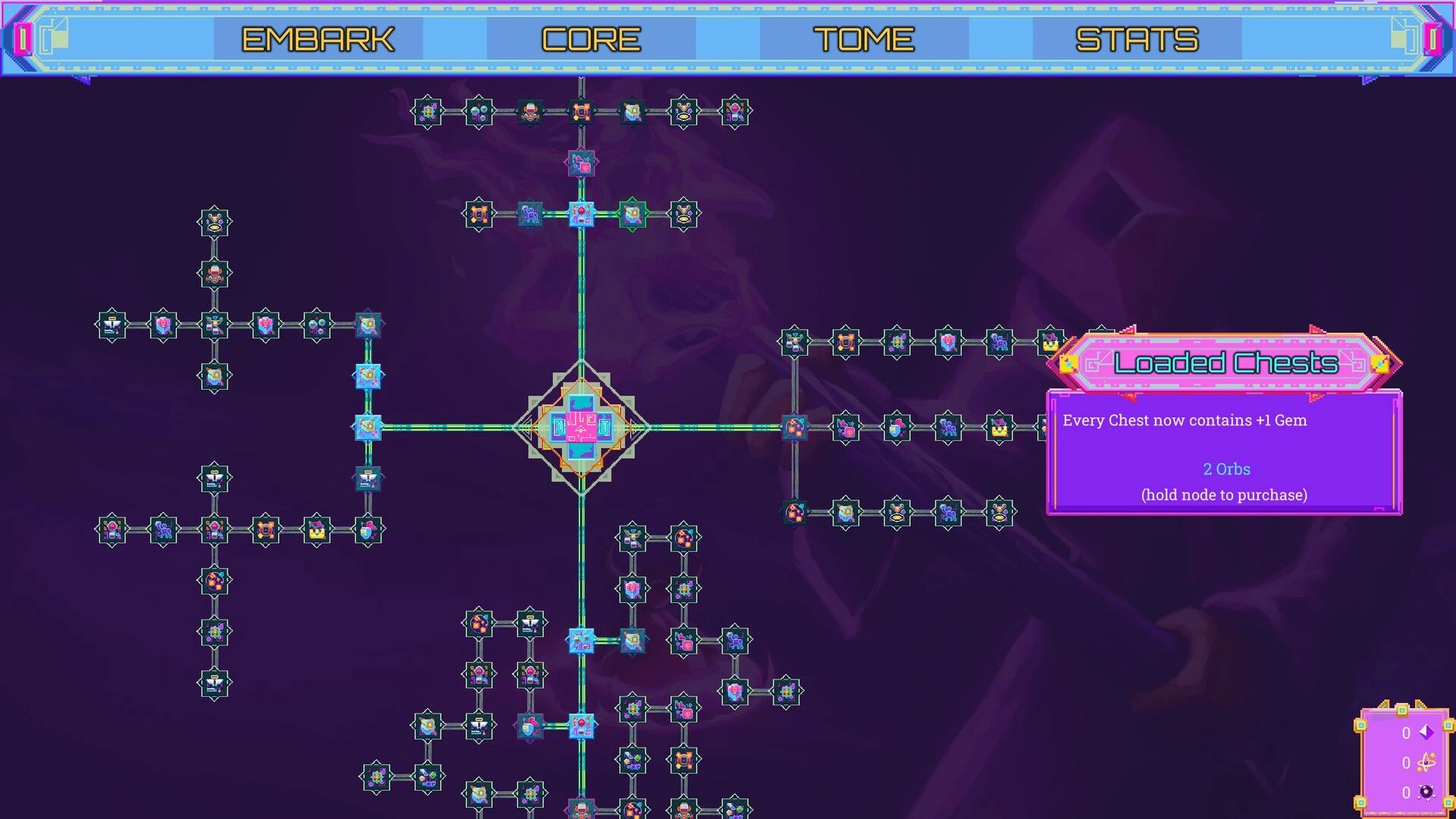 Neon Spellstorm: Skill tree menu with various nodes and a "Loaded Chests" upgrade option highlighted.
