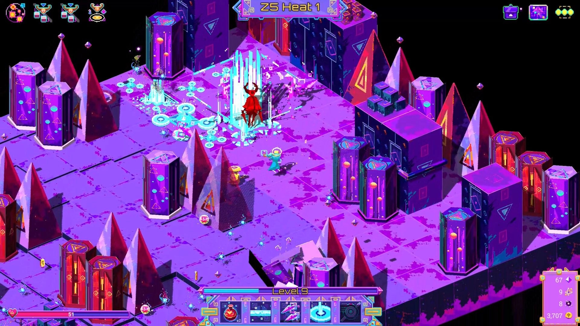 Neon Spellstorm: Wizard casting spells in neon-lit, crystalline maze with HUD and level indicators visible