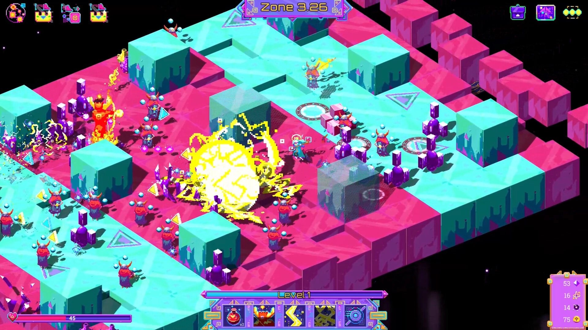 Neon Spellstorm: Wizard casting explosive spell on neon path surrounded by enemies in Zone 3.26