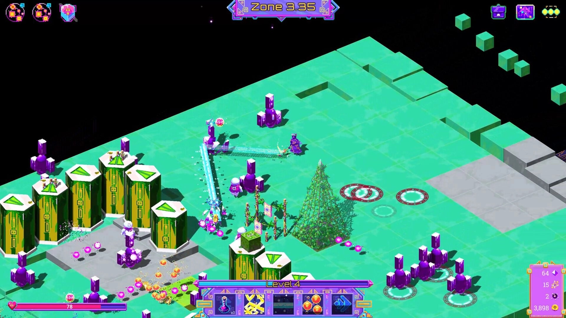 Neon Spellstorm: Wizard casting spells on neon path with purple pillars and interface elements visible