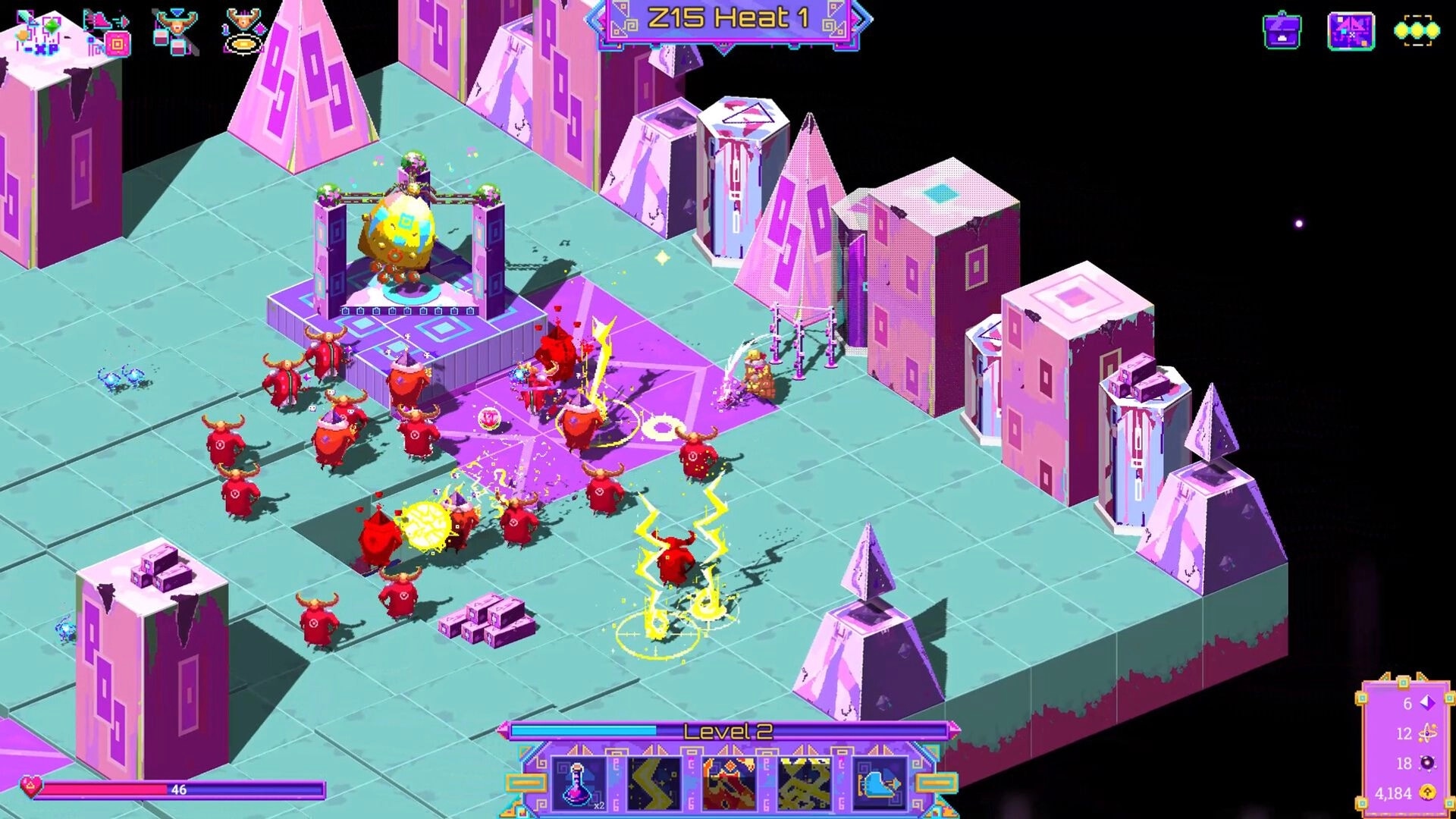 Neon Spellstorm: Wizard battling red creatures on neon path with spell icons and health bar visible