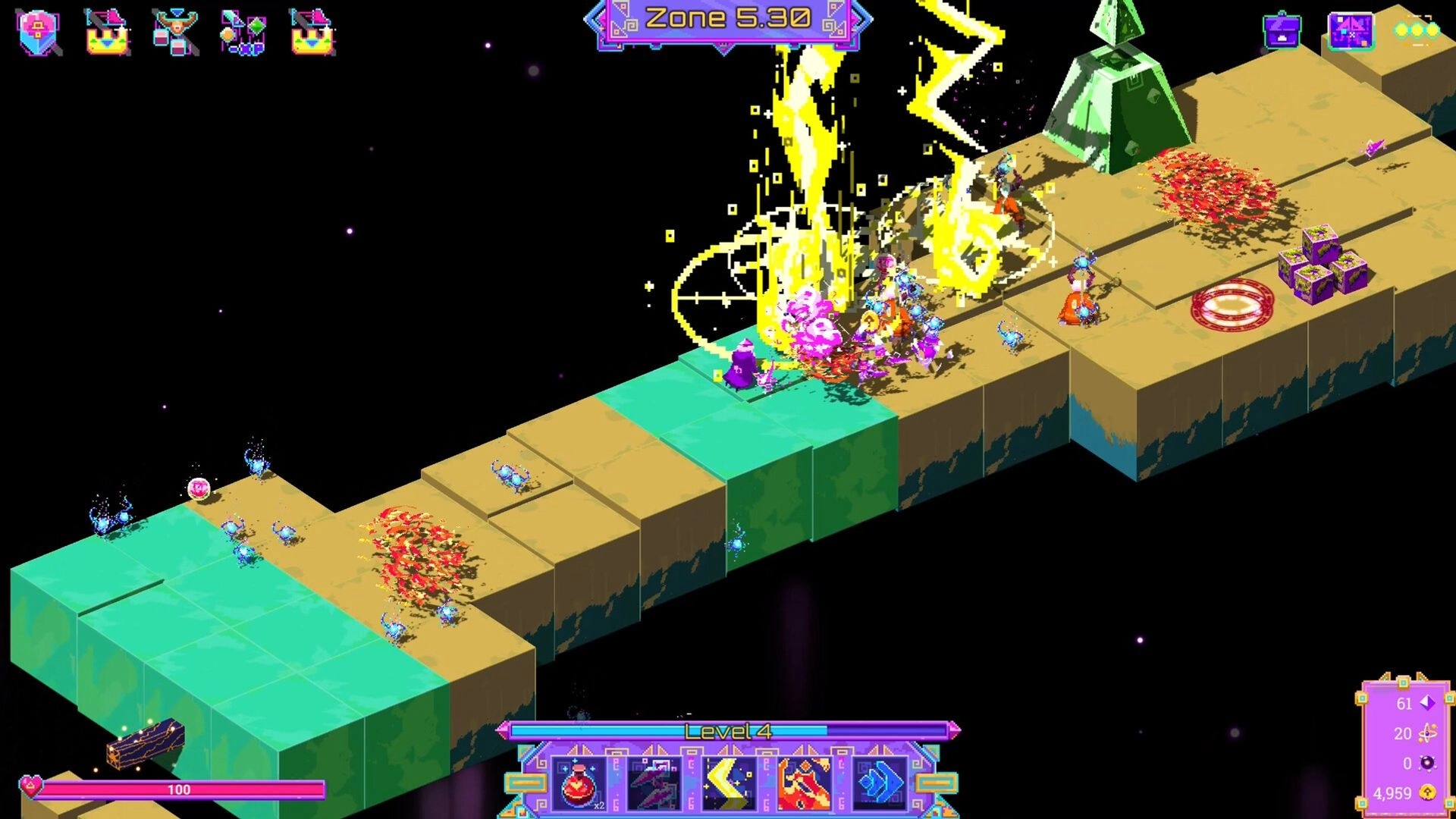 Neon Spellstorm: Wizard casting lightning spells on a crumbling neon path with enemies and power-ups.