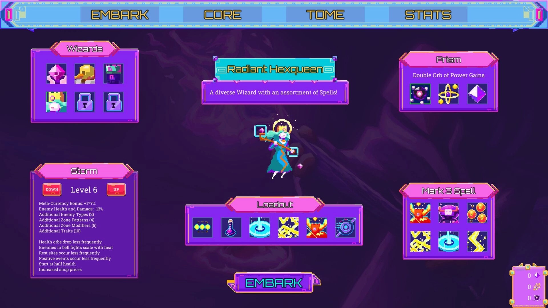 Neon Spellstorm: Radiant Hexqueen character selection with spell loadout and embark options displayed