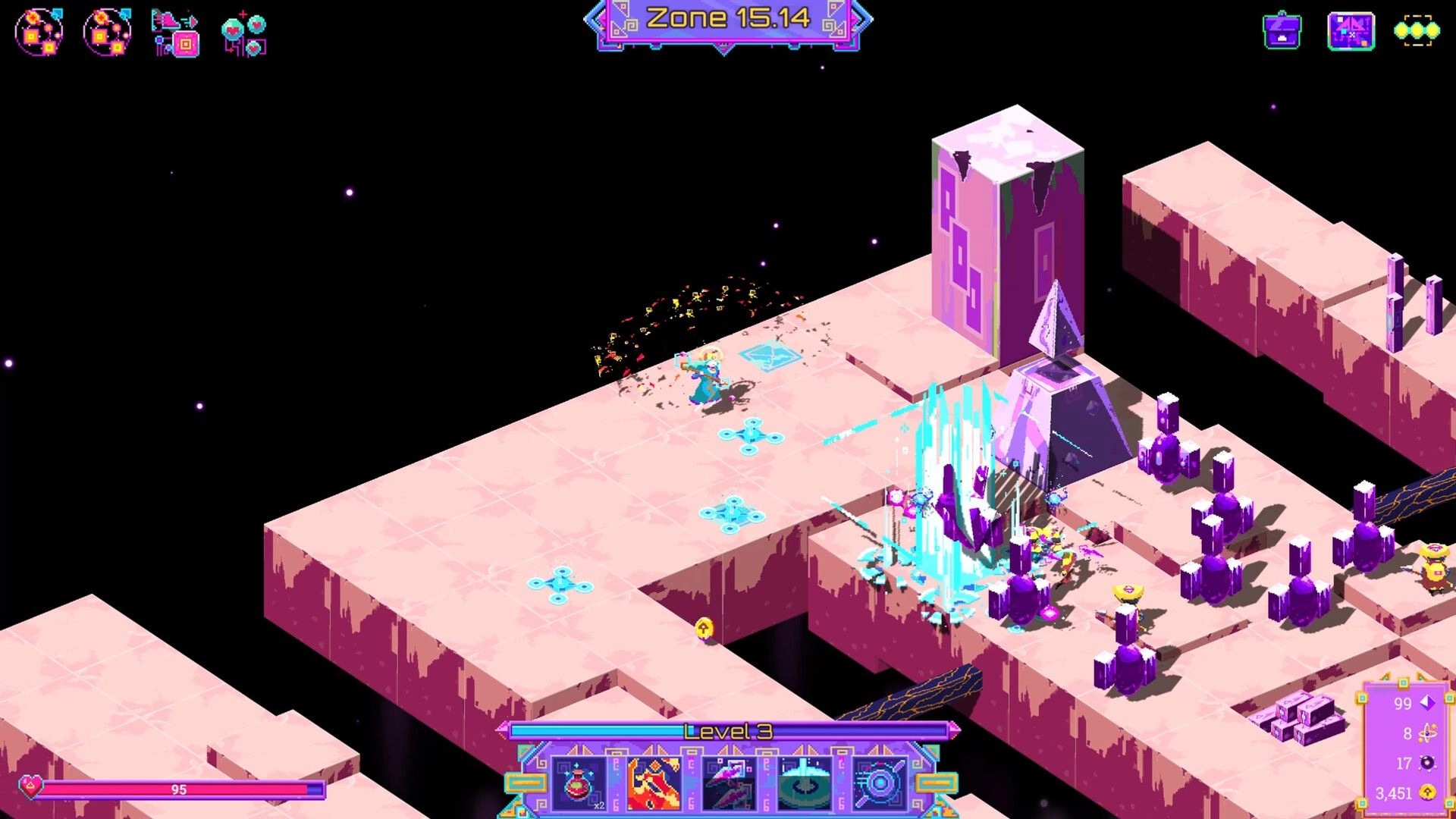 Neon Spellstorm: Wizard casts spells on neon path with UI showing health, spells, and enemies ahead