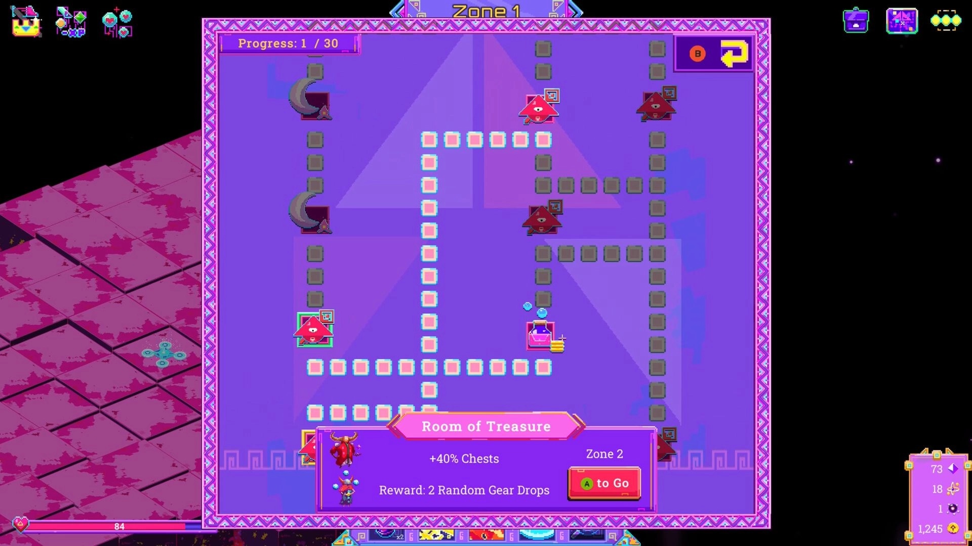 Neon Spellstorm: Map navigation screen with progress bar and treasure room details in Zone 1