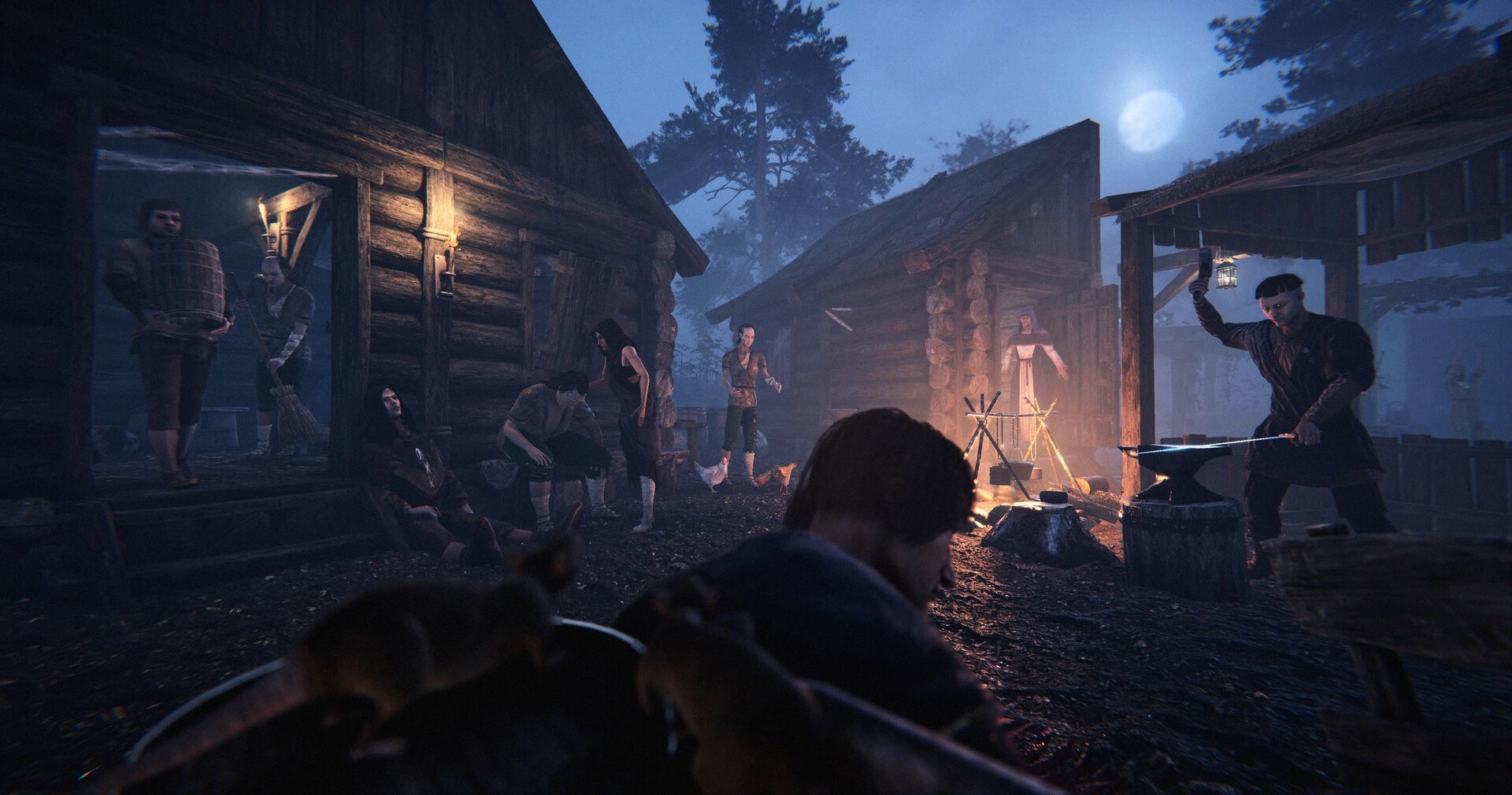 Nested Lands: Villagers gather around a campfire while a blacksmith works at his forge in a medieval village.