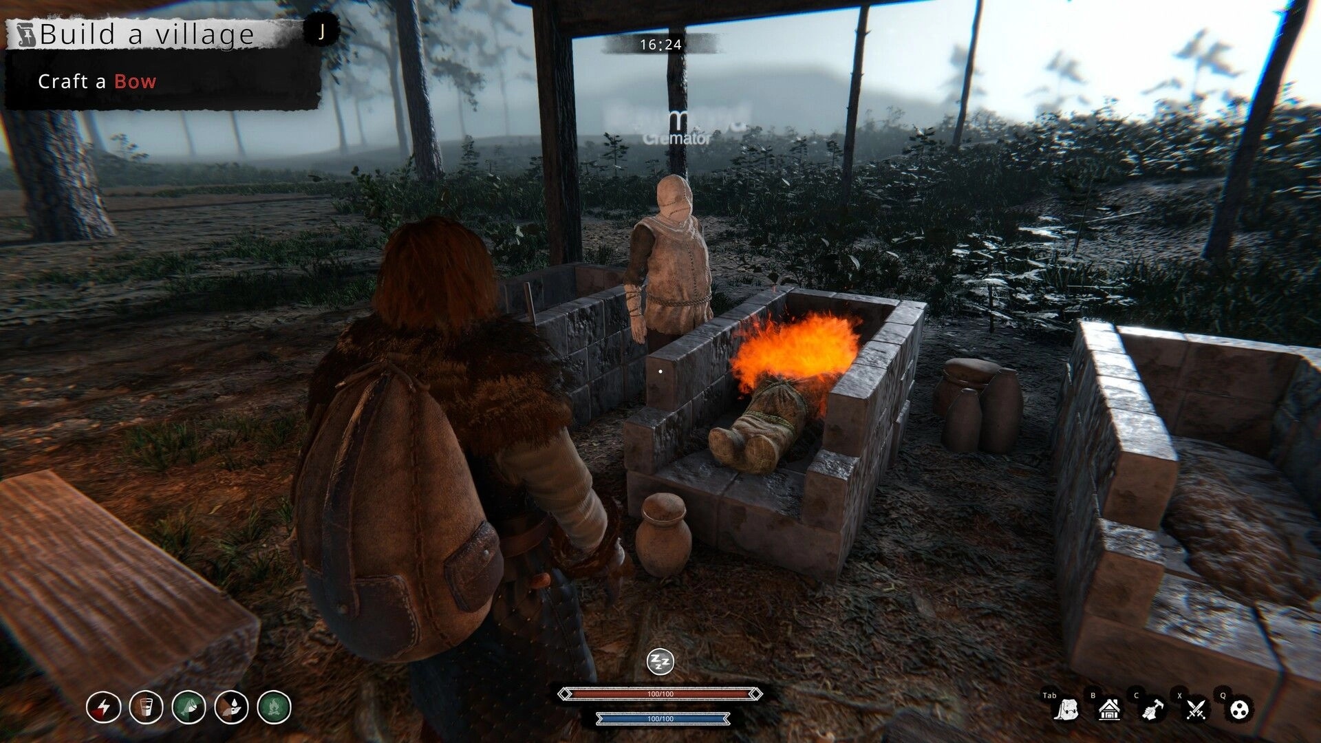 Nested Lands: Player observes cremation scene at dusk, UI shows crafting a bow and health status.